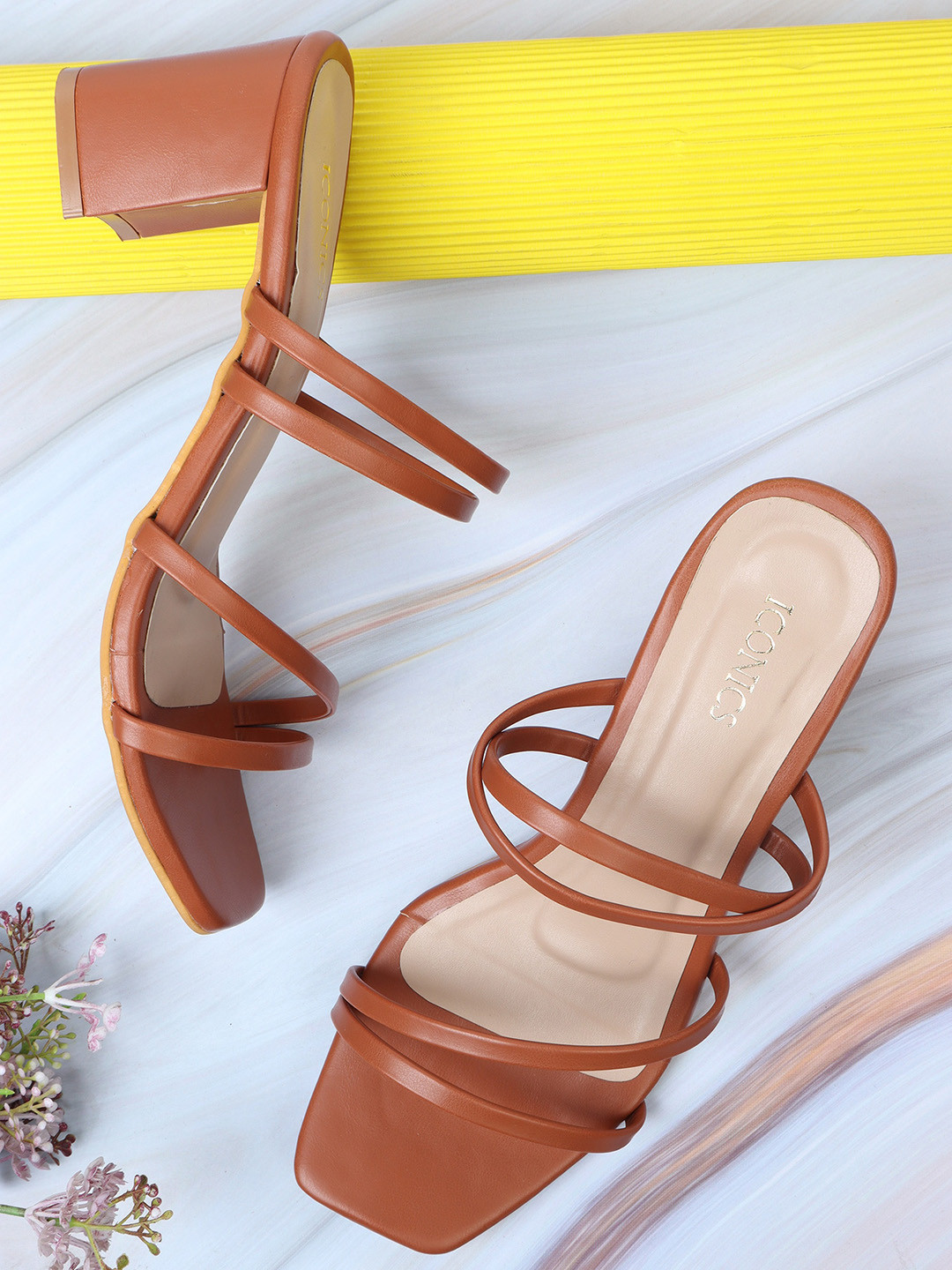 ICONICS Tan striped blocked heels sandals for women
