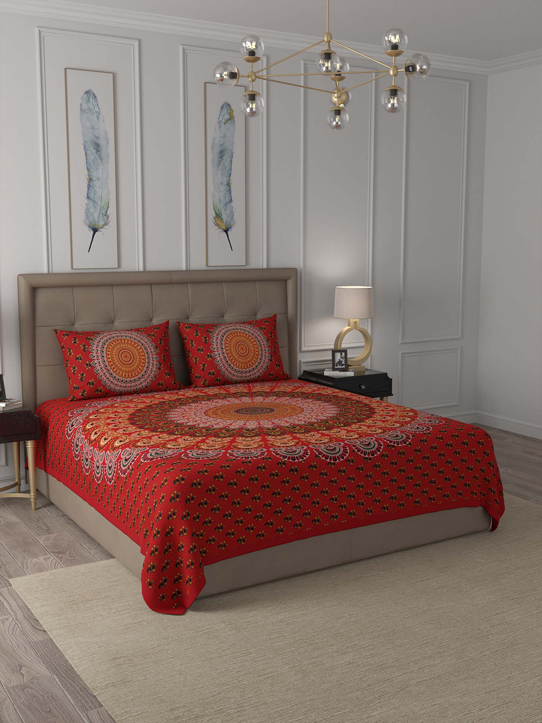 JAIPUR FABRIC Mandala Red Floral Cotton 180 TC Queen Fine Bedsheet with 2 Pillow Covers-108 x 90 inches