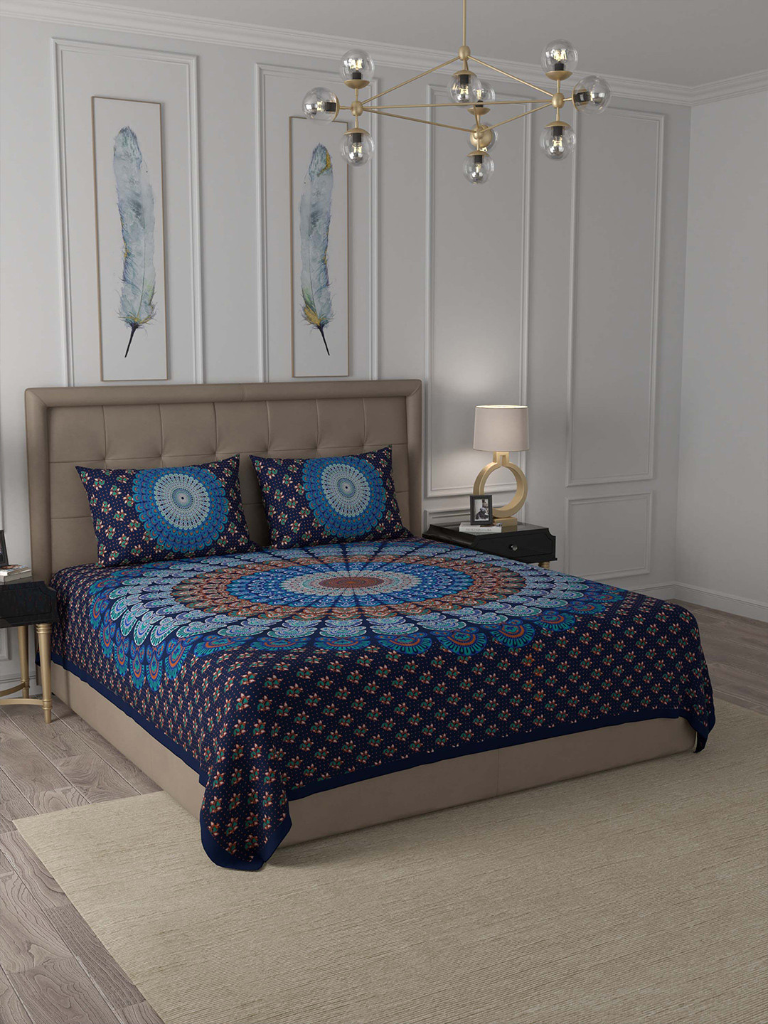 JAIPUR FABRIC Mandala Blue Ethnic Motifs Cotton 180 TC Queen Fine Bedsheet with 2 Pillow Covers-98 x 87 inches