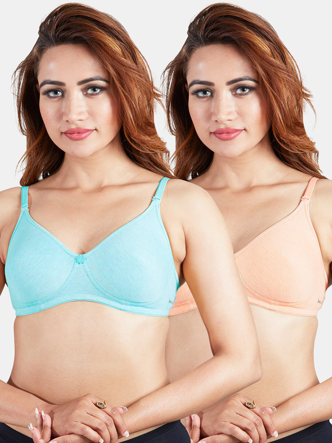 Sonari Turquoise Pack of 2 Blue & Peach-Coloured T-Shirt Bra - Non Padded