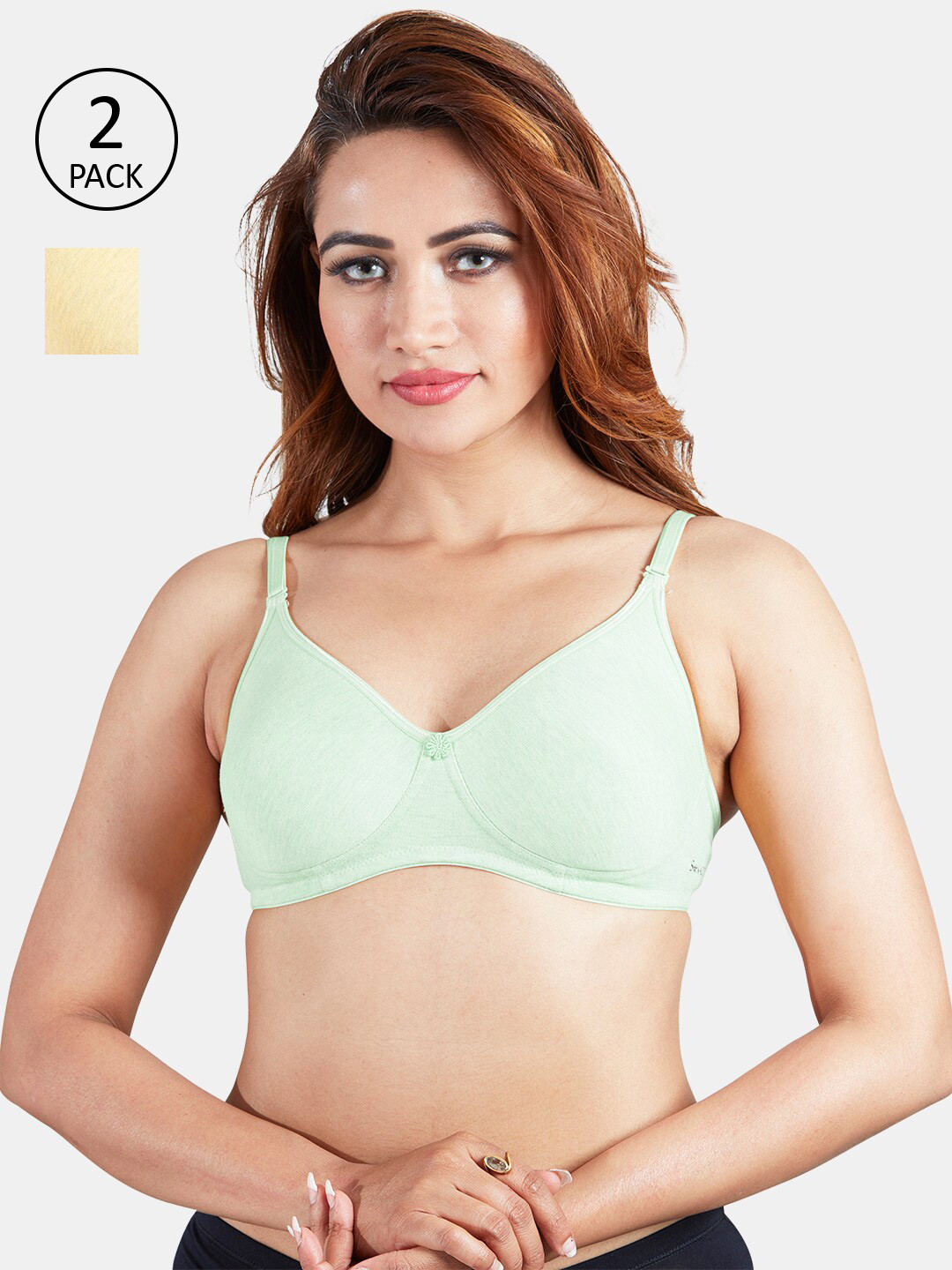 Sonari Sea Green & Yellow Set of 2 Non-Padded Cotton Blend T-Shirt Bra
