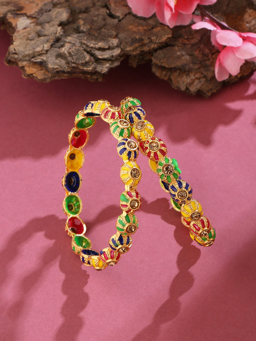 VIRAASI Set Of 2 Gold-Plated Blue & Green Stone-Studded Bangles