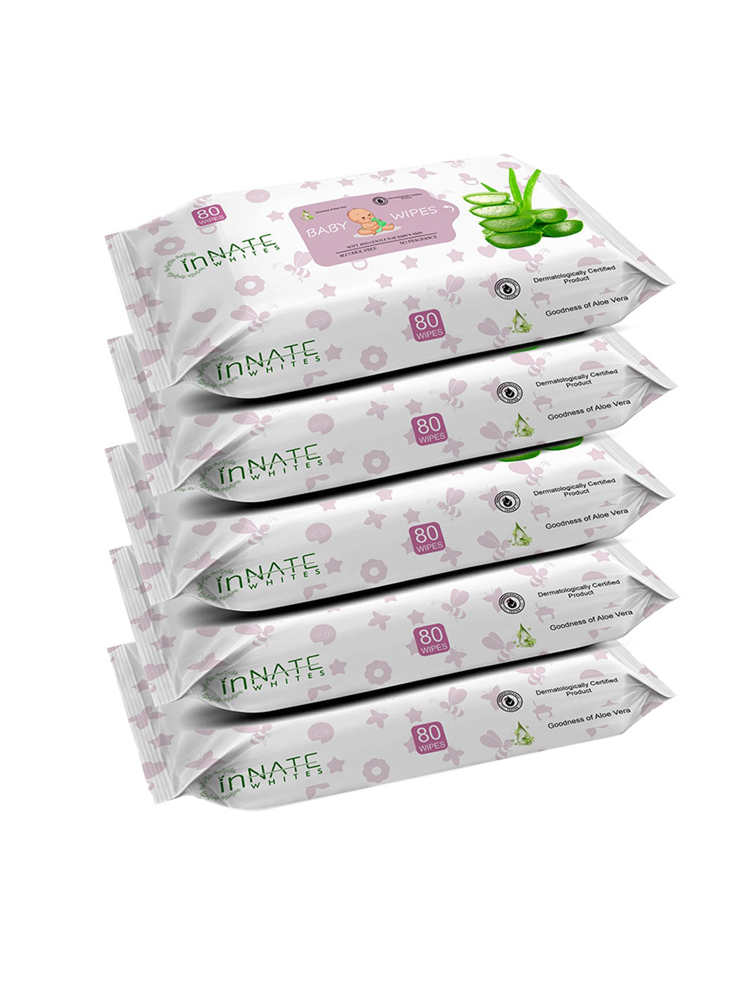InnateWhites Set of 5 Gentle Aloevera Baby Wipes with Fliptop Lid - 80 Pulls Each