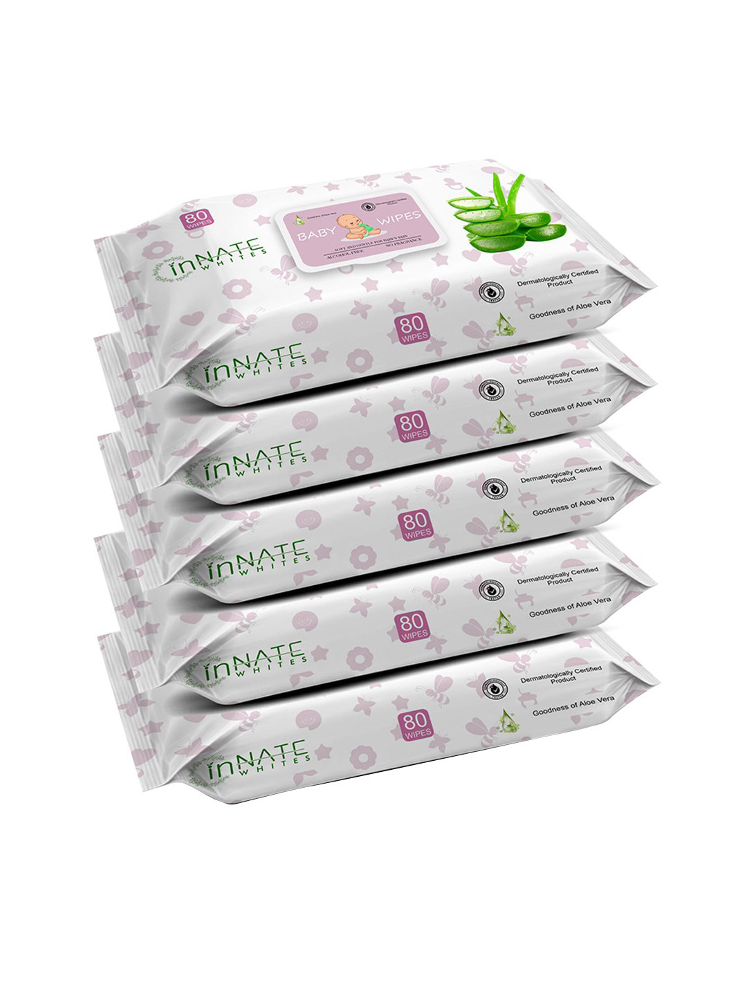 InnateWhites Kids Set of 5 Soft & Gentle Baby Wipes with Aloe Vera - 80 Wipes Each