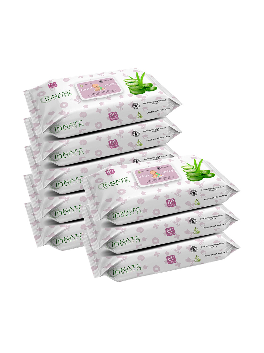 InnateWhites Kids Set of 8 Soft & Gentle Baby Wipes with Aloe Vera - 80 Wipes Each