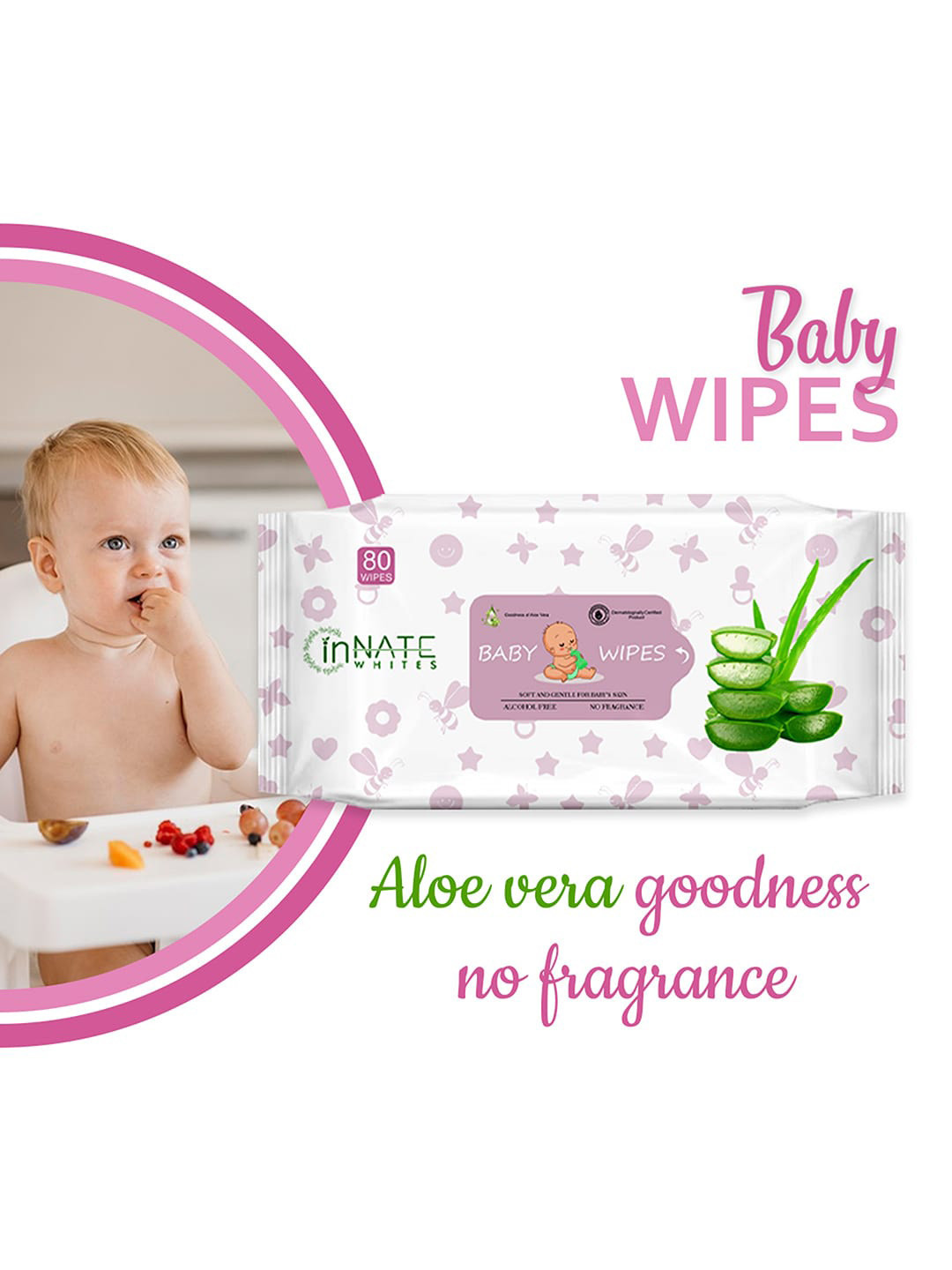 InnateWhites Kids Pack of 7 White & Pink Gentle Baby Wipes - 80 Pulls Each