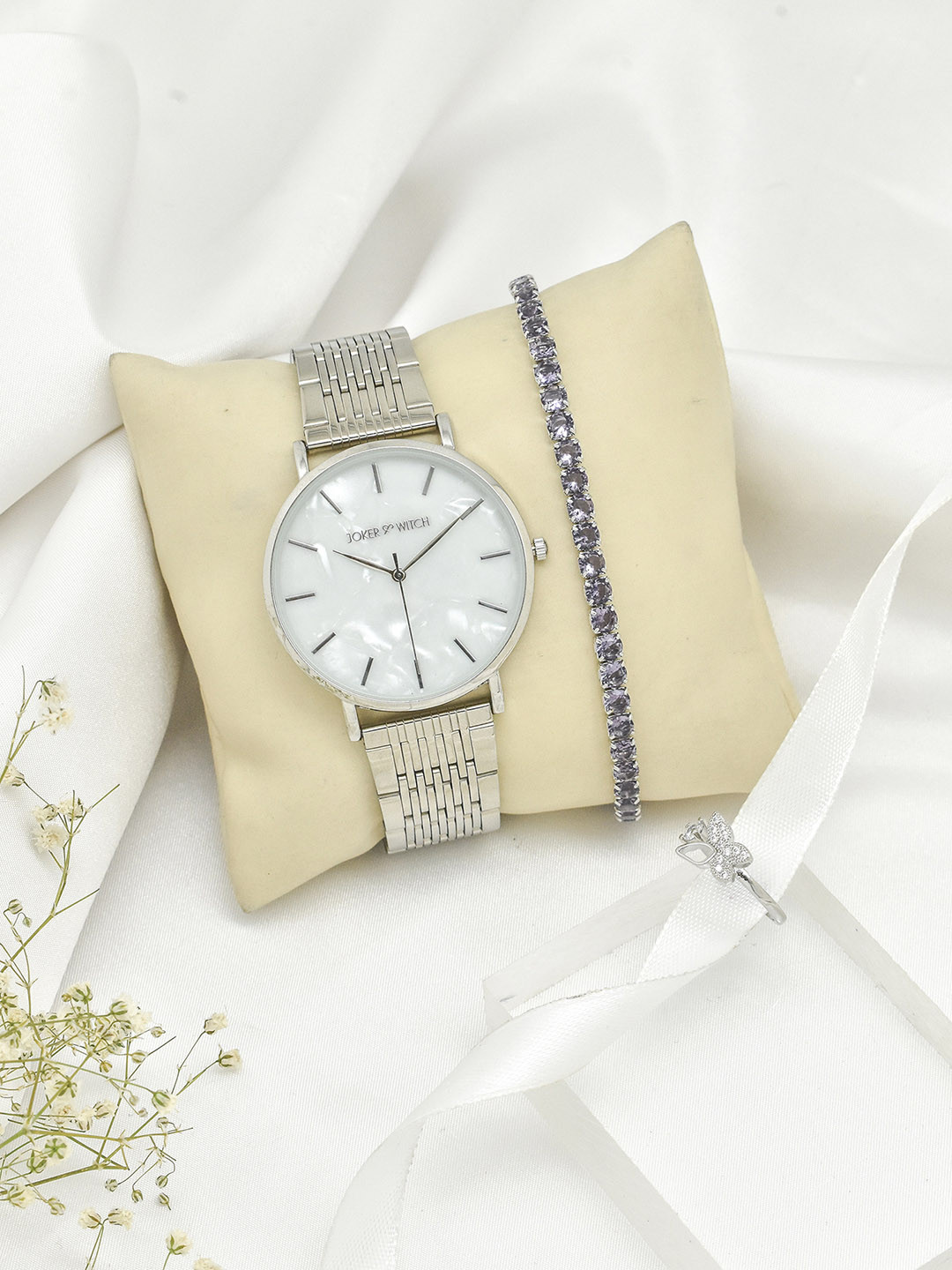 JOKER & WITCH Women Silver-Toned & Purple Watch Gift Set JWLT457