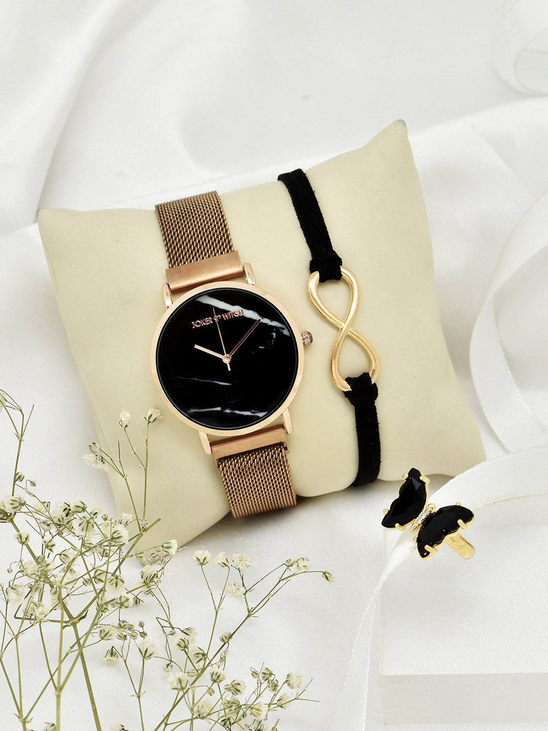 JOKER & WITCH Women Rose Gold & Black Solid Watch Gift Set