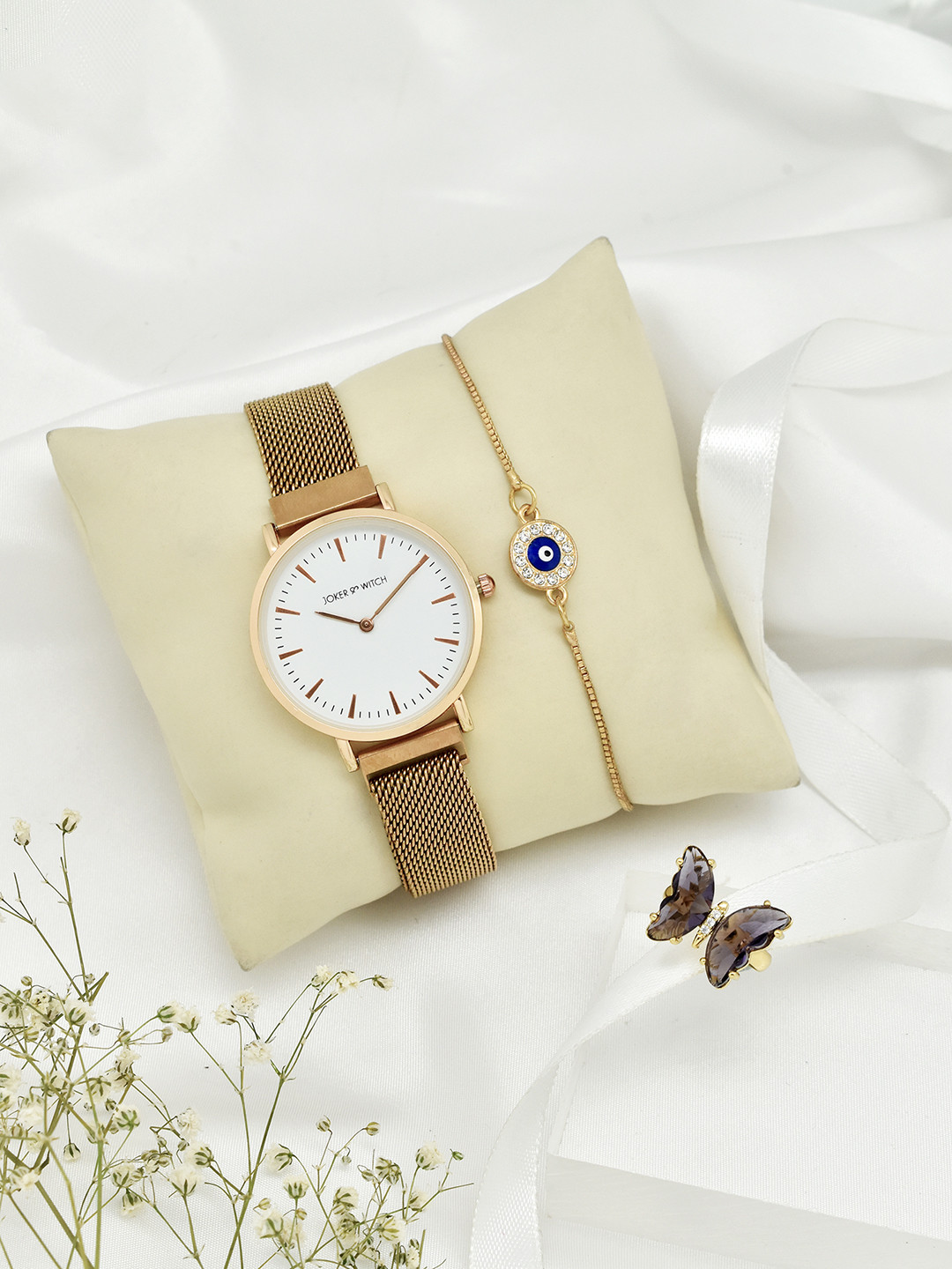 JOKER & WITCH Women Rose Gold-Toned & Purple Solid Watch Gift Set JWLT406