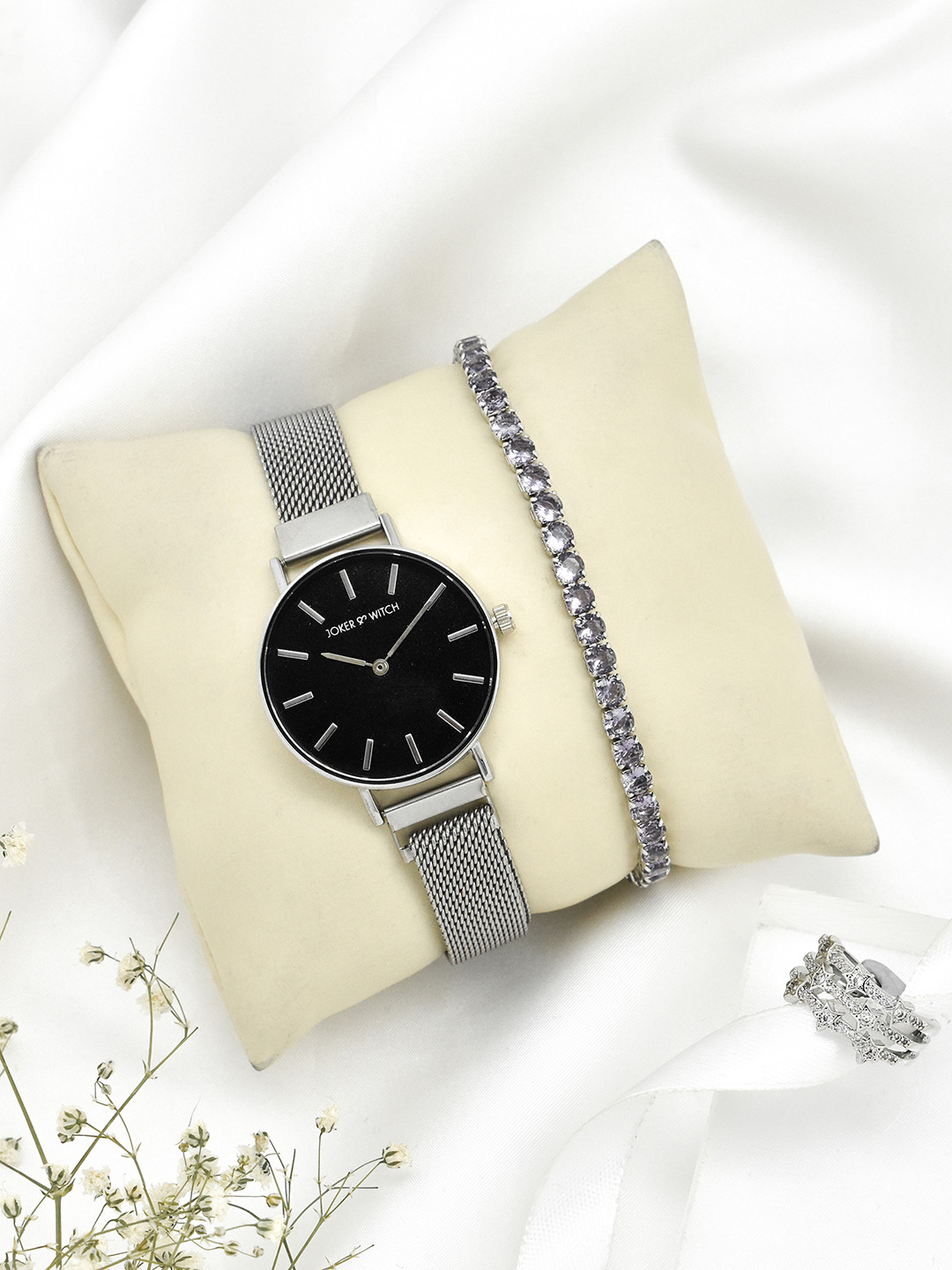 JOKER & WITCH Women Silver & Black Solid Watch Gift Set