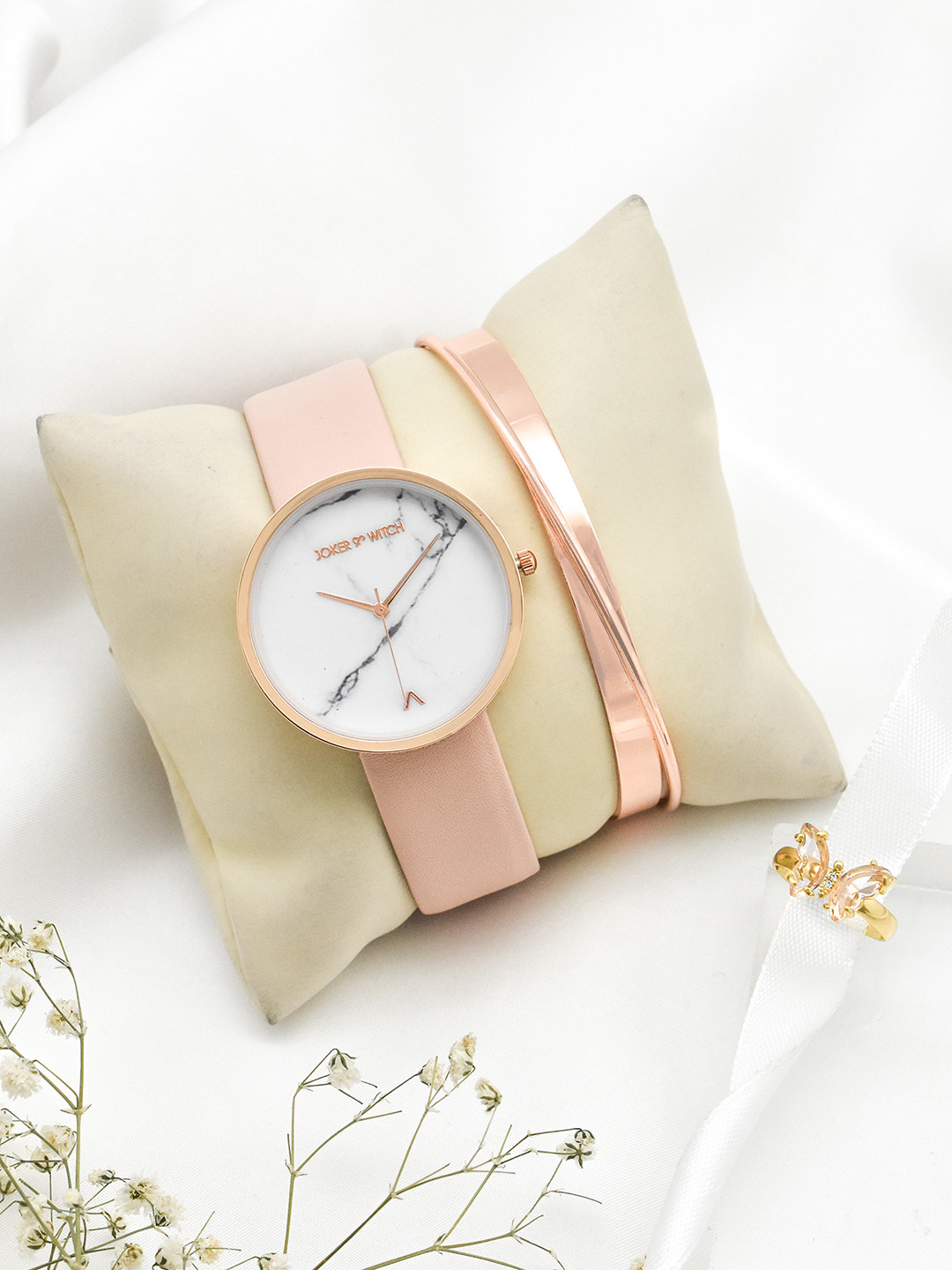 JOKER & WITCH Women Rose Gold-Toned & Pink Solid Watch Gift Set