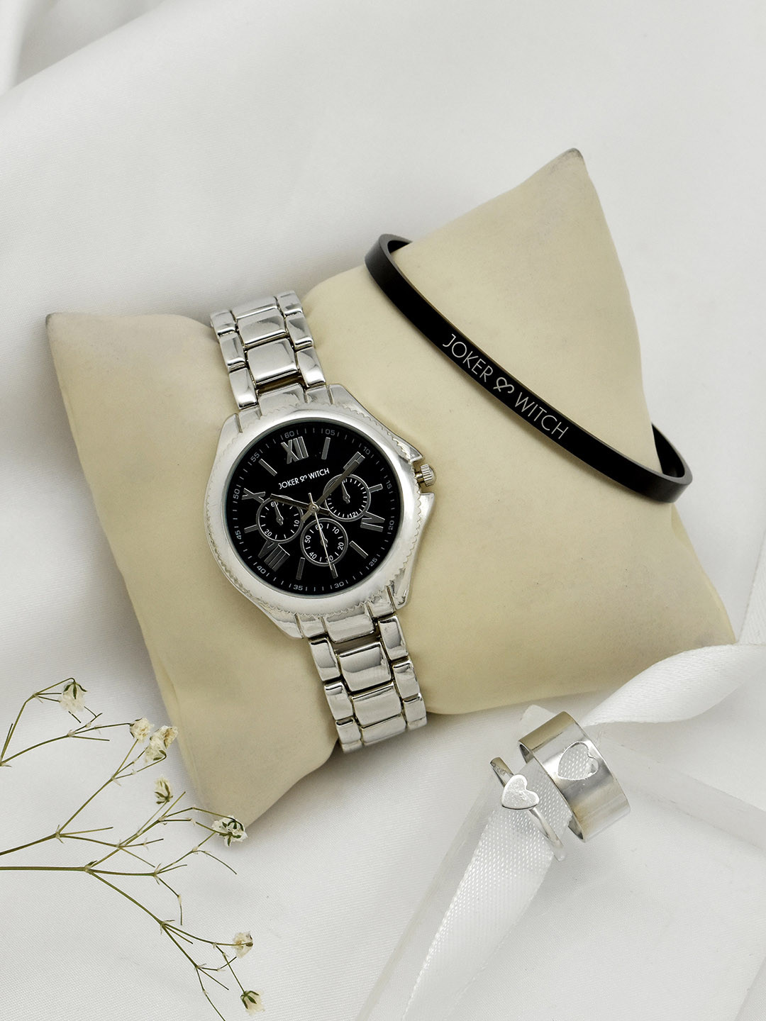 JOKER & WITCH Women Silver -Toned & Black Solid Watch & Jewellery Gift Set JWLT514