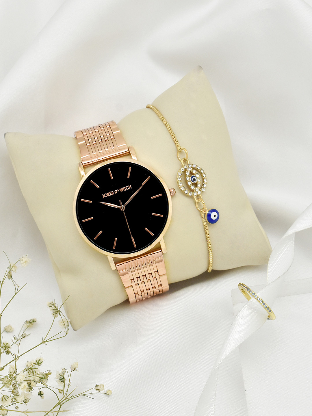 JOKER & WITCH Women Rose Gold- Toned & Black Aurelia Love Triangle Watch Gift Set