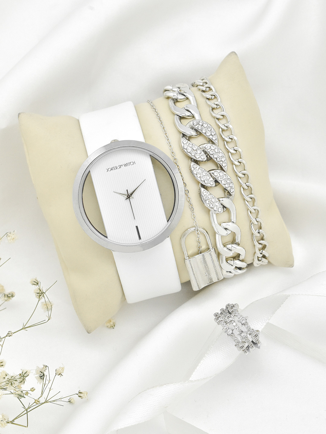 JOKER & WITCH Women Silver-Toned & White Tay Love triangle Watch Gift Set JWLT484