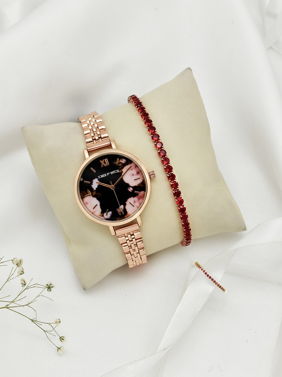 JOKER & WITCH Women Rose Gold-Toned Flora Ruby Love Triangle Watch Gift Set JWLT413
