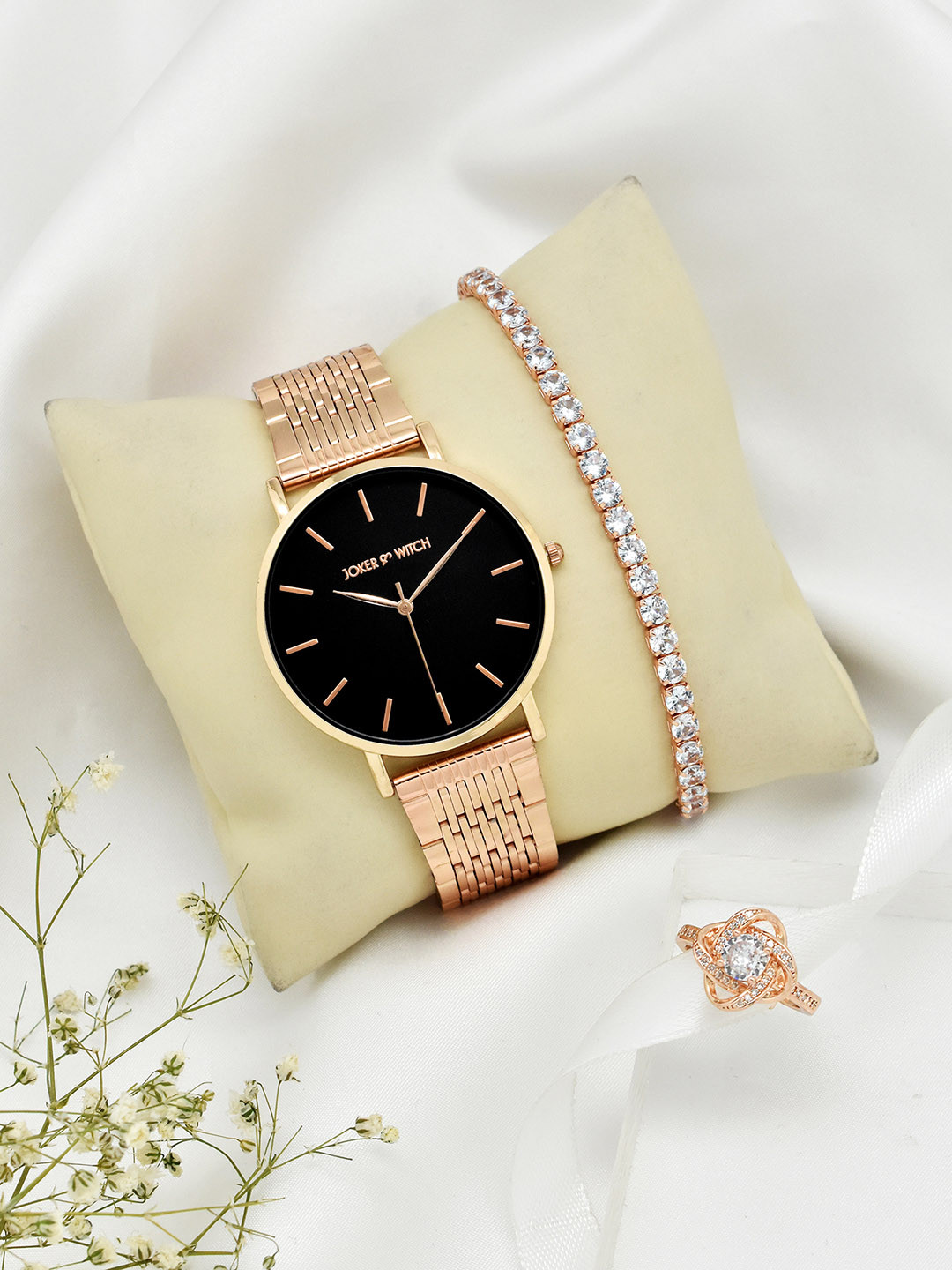 JOKER & WITCH Women Rose Gold & Black Solid Watch Gift Set