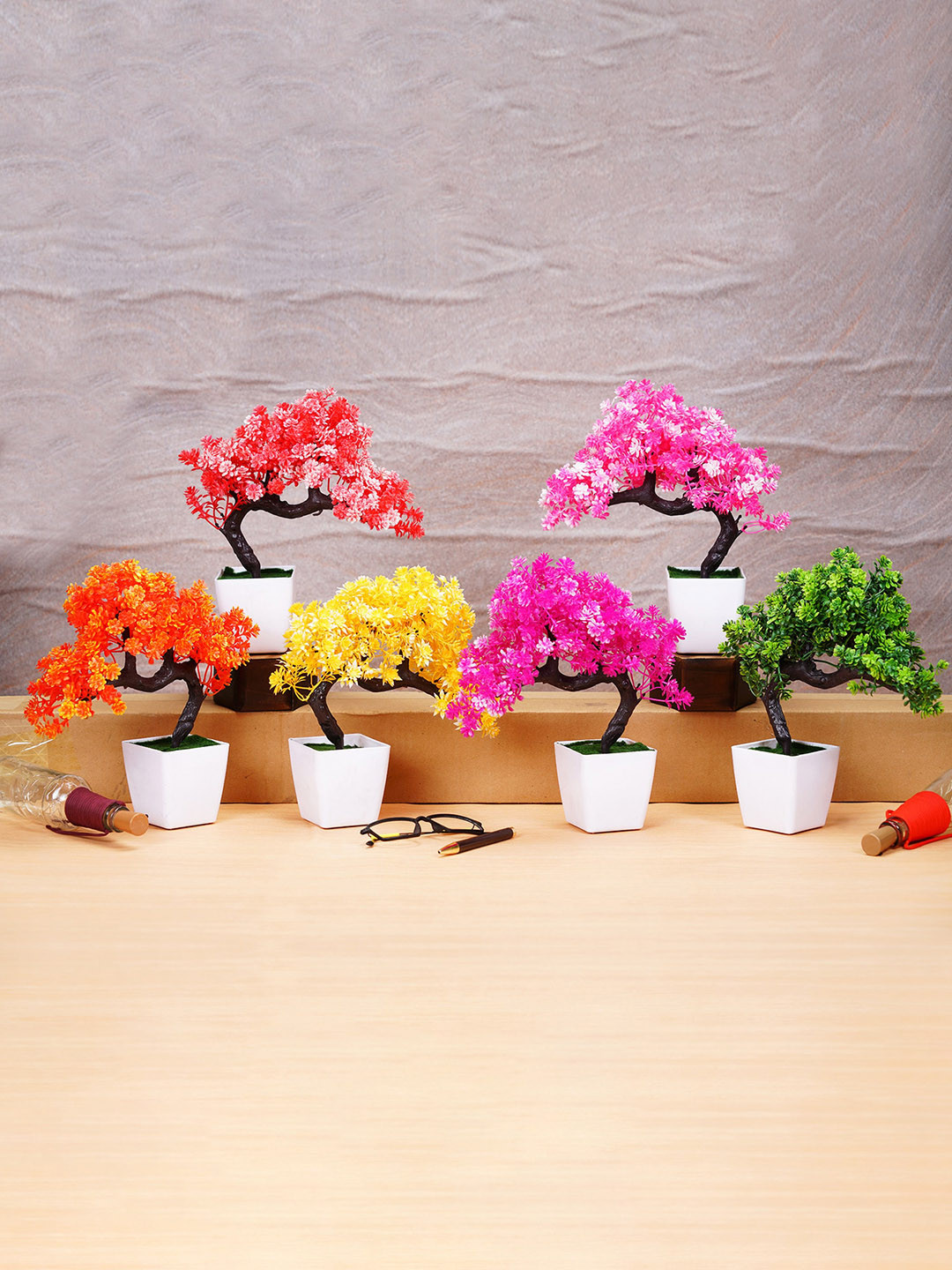 Dekorly Set of 6 Artificial Colourful Wild Bonsai Plants With Pot for Home Decor and Gifting