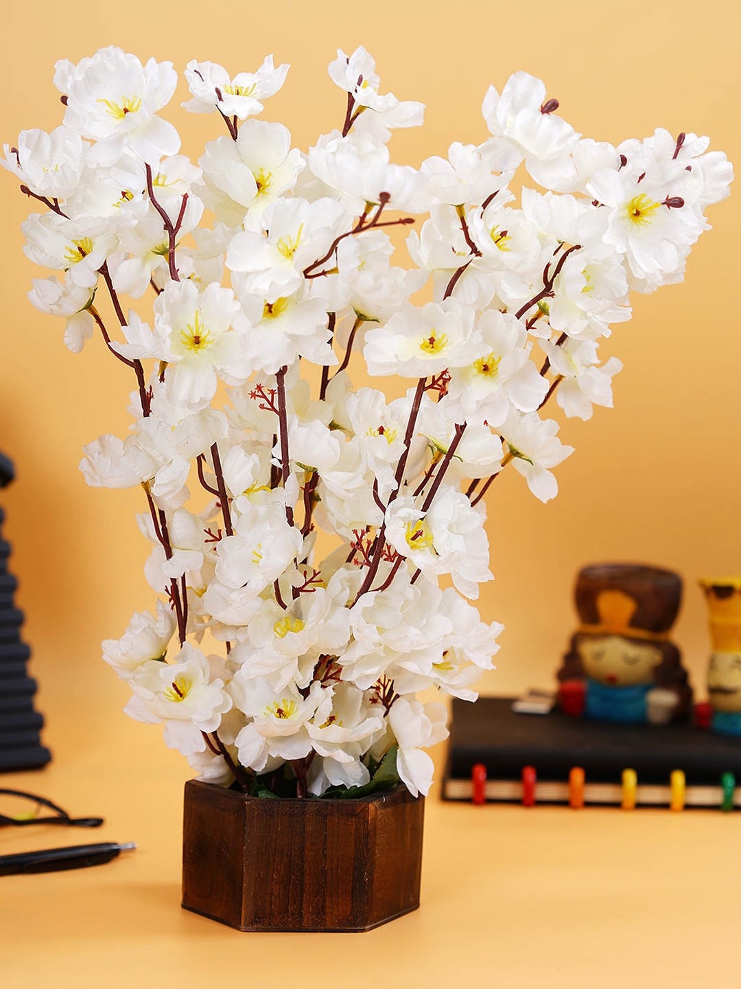 Dekorly White Cherry Blossom with vintage wooden pot for Home Decor and Gifting