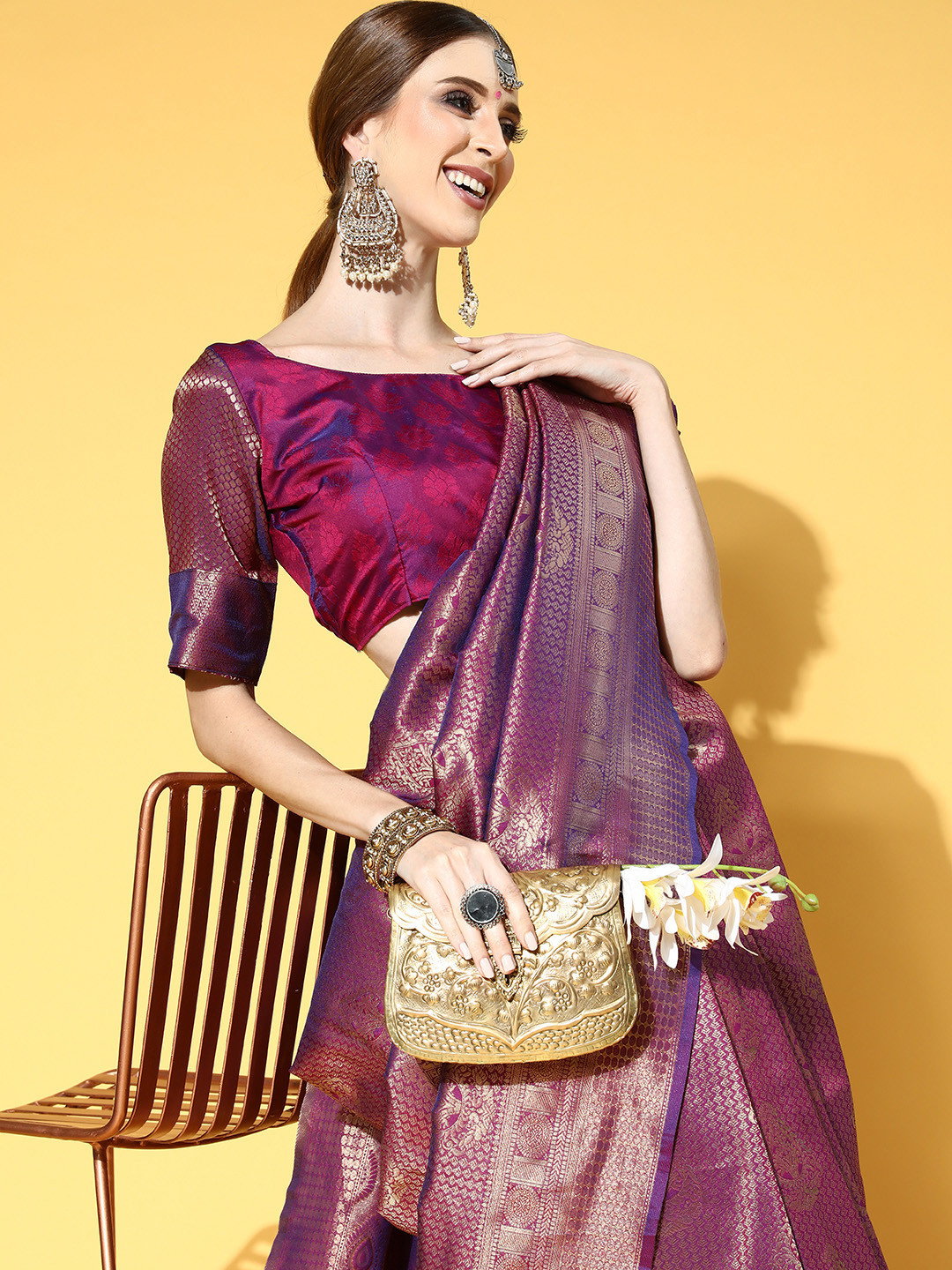 Saree mall Purple Floral Zari Silk Blend Banarasi Sarees