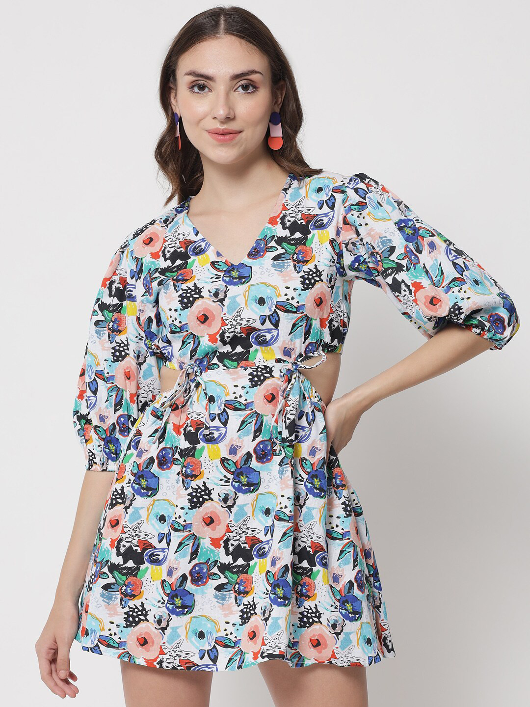 The Dry State Women Multicoloured Floral V-Neck and Puff Sleeves Mini Dress