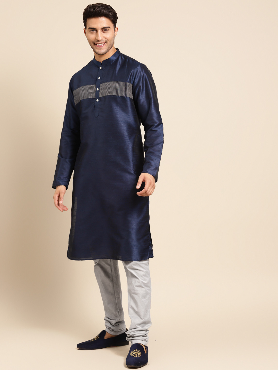 KISAH Men Navy Blue & Grey Woven design Detail Kurta with Churidar