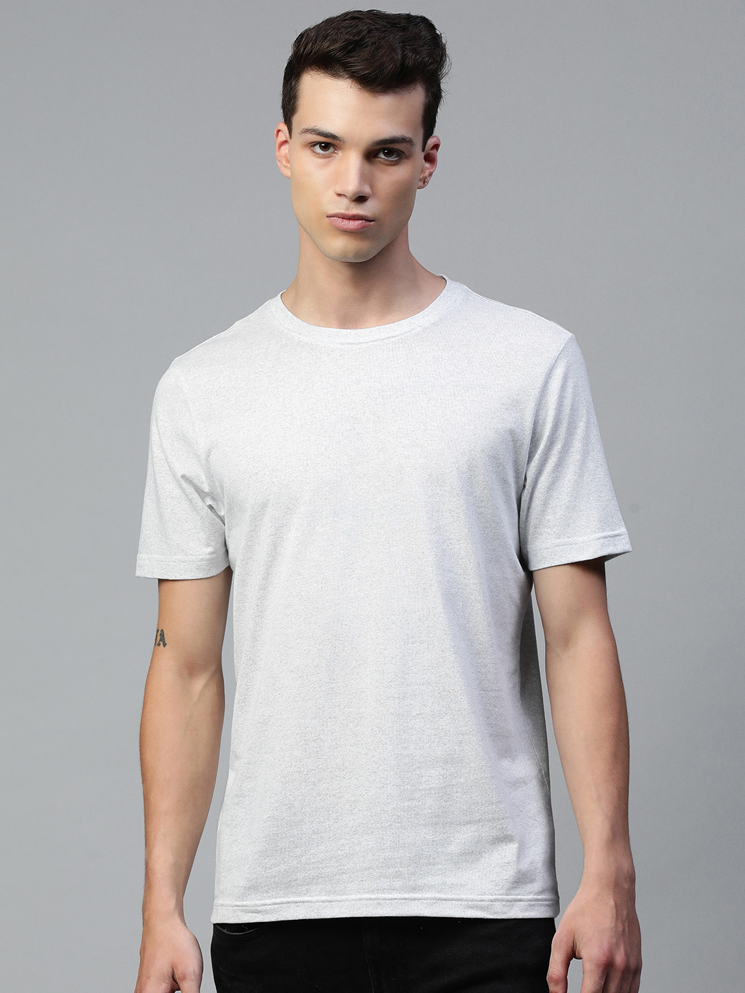 Huetrap Men White Melange Effect Round Neck Short Sleeves T-shirt