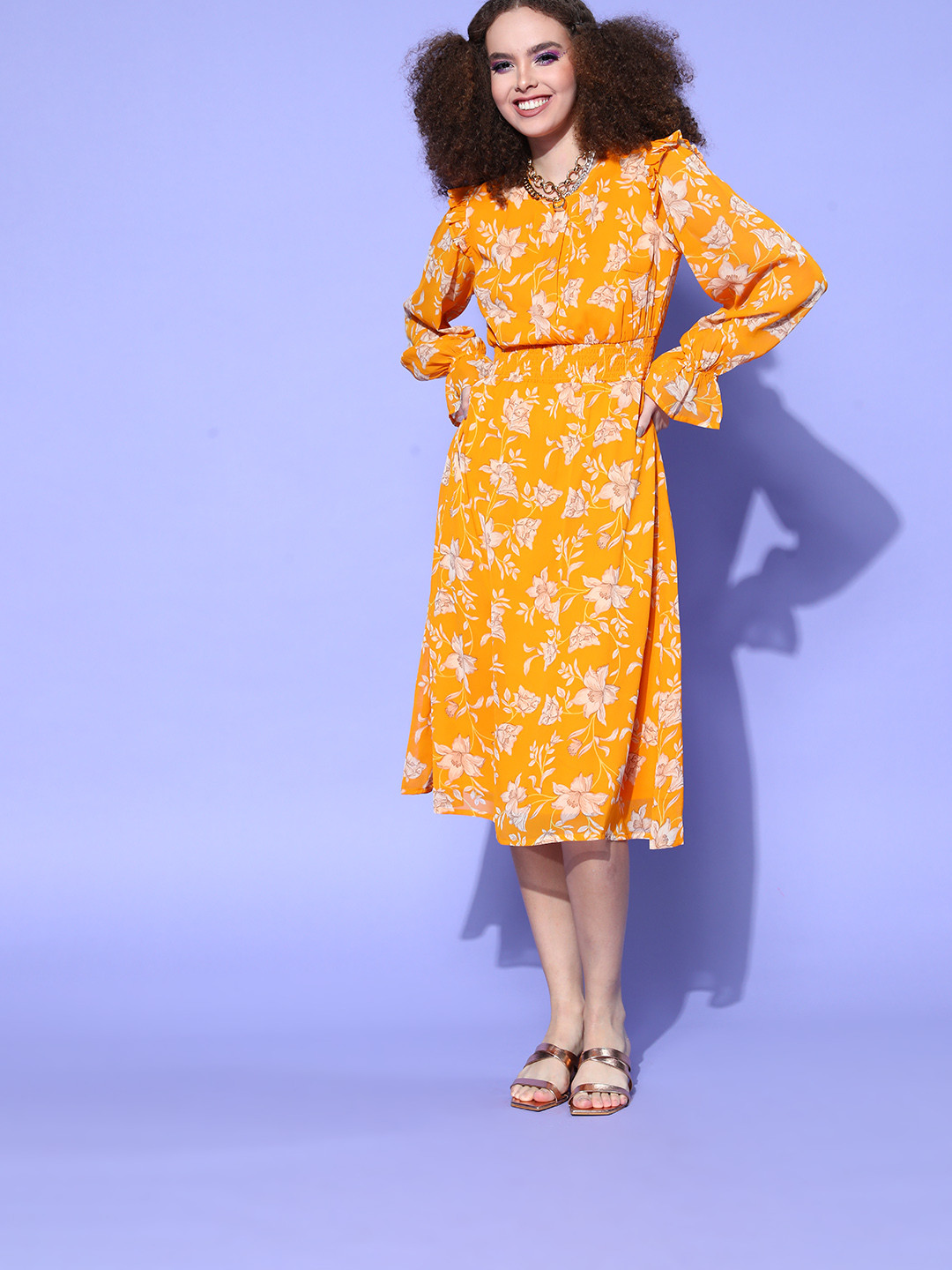 plusS Women Mustard Floral Volume Play Dress
