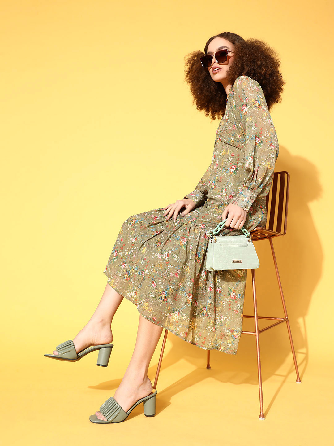 plusS Women Brown Floral Volume Play Dress