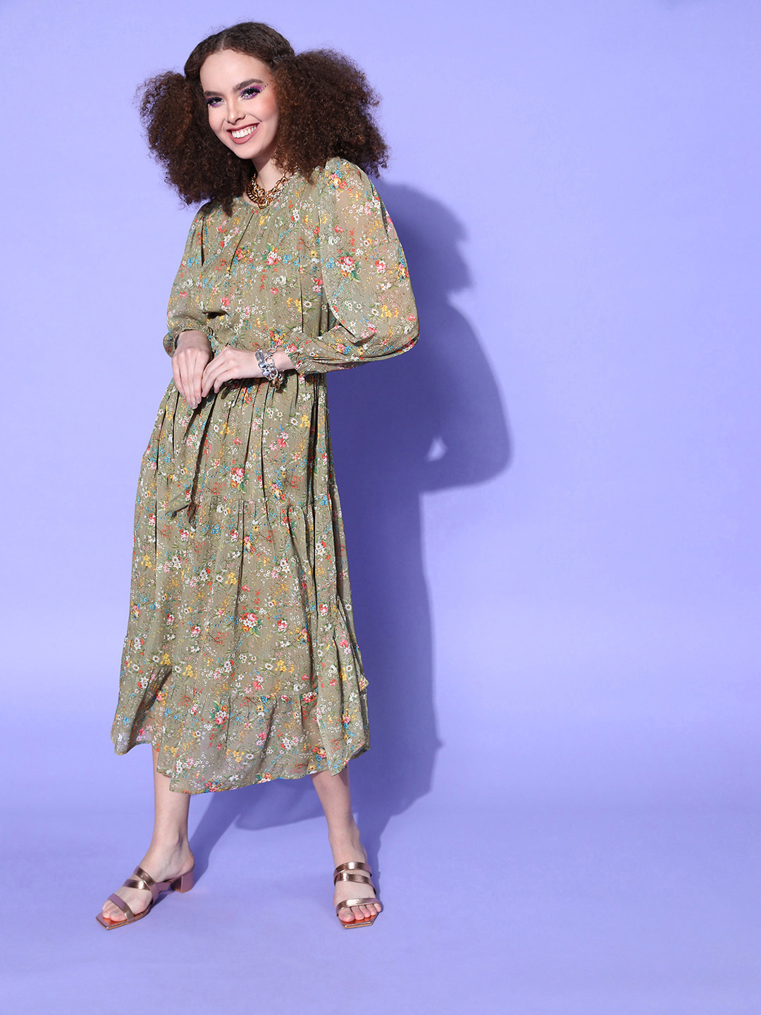 plusS Women Taupe Floral Midi Dress
