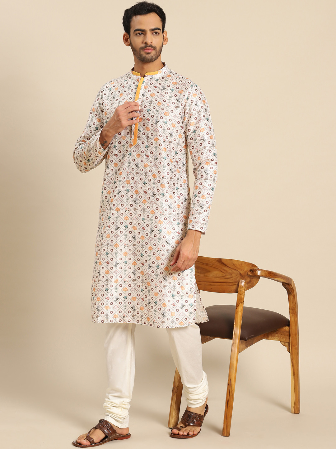 KISAH White Floral Embroidered Kurta with Churidar
