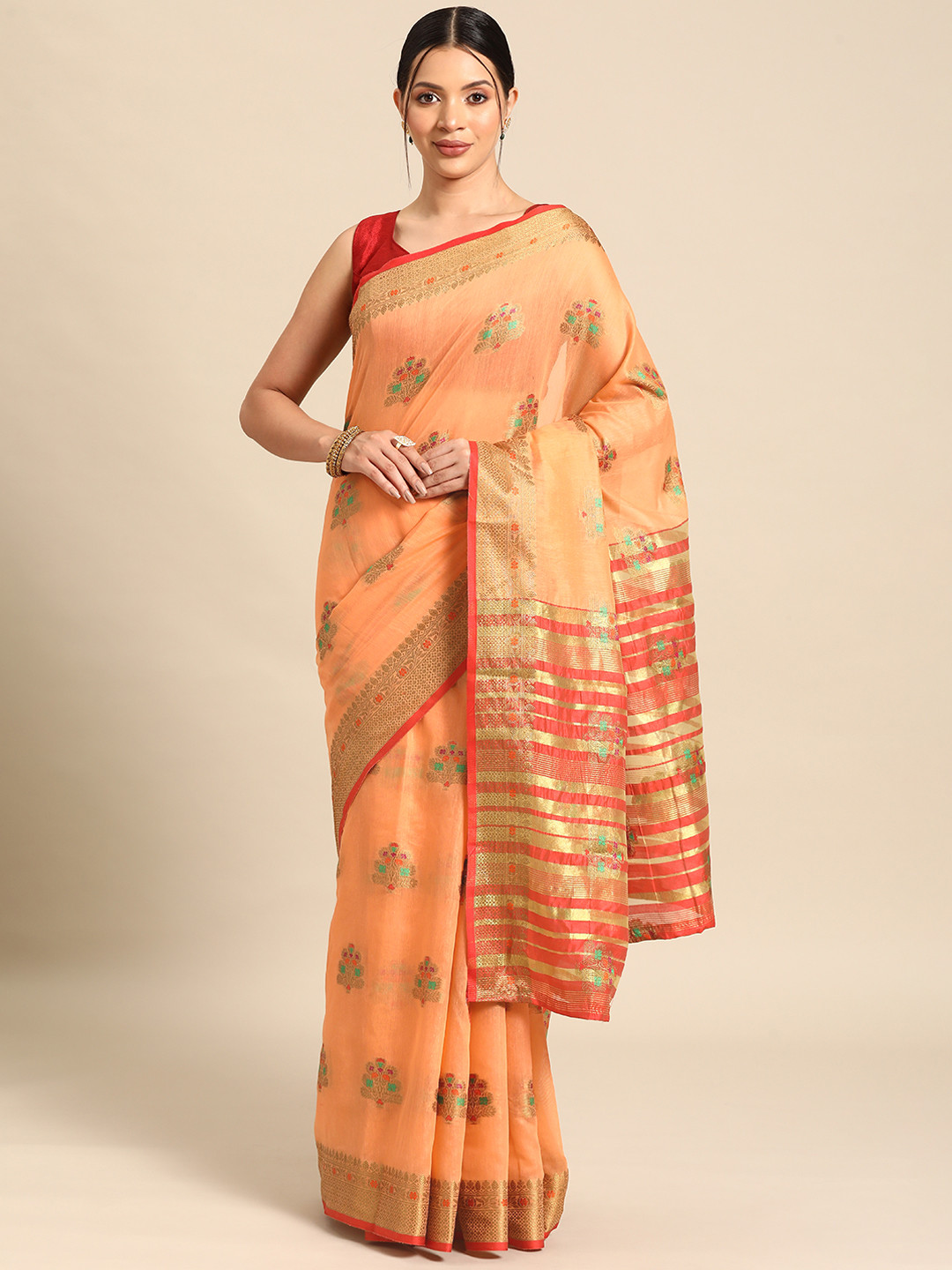 Silk Land Peach-Coloured & Red Woven Design Zari Fusion Saree