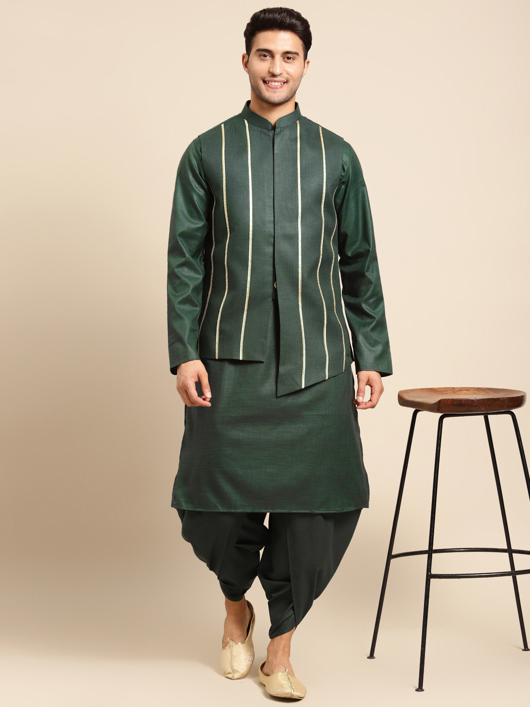 KISAH Men Teal Green Kurta with Dhoti Pants With Nehru Jacket