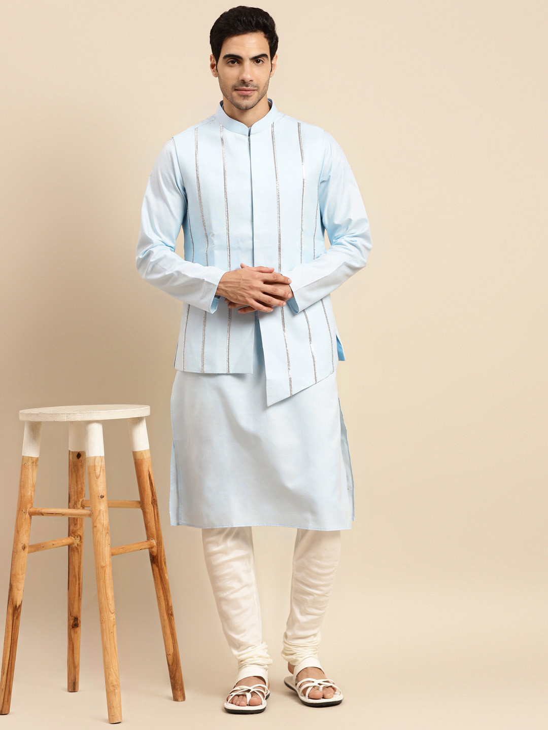 KISAH Men Blue & White Kurta with Churidar & Nehru Jacket