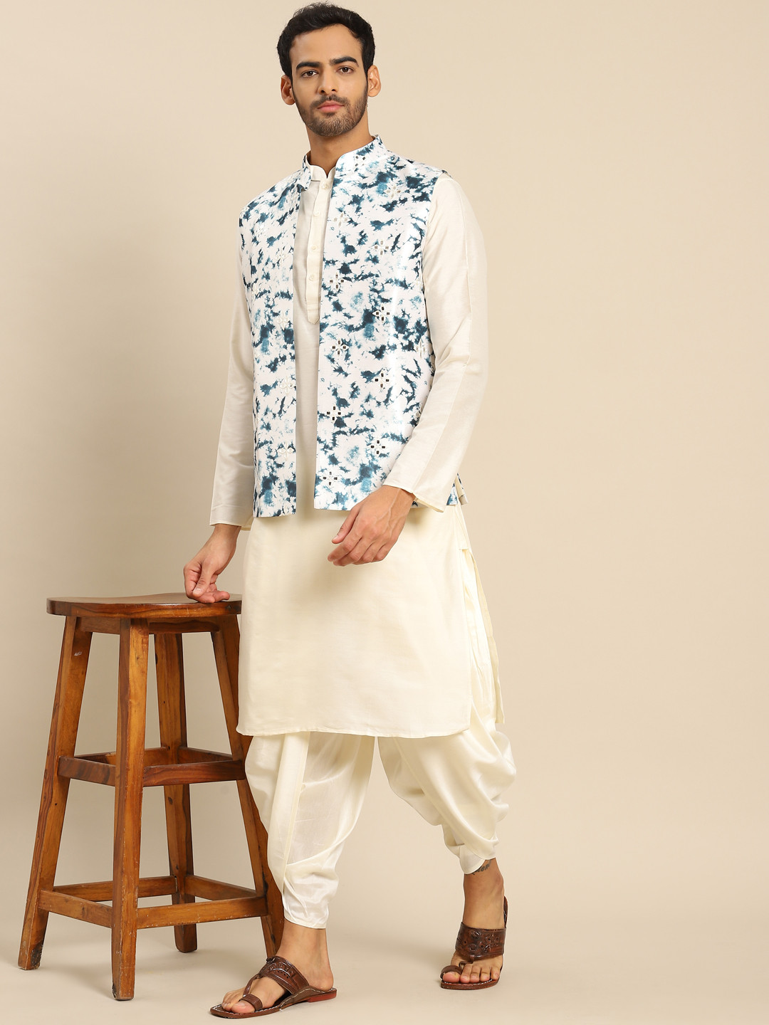 KISAH Men White Kurta with Dhoti Pants & Nehru Jacket