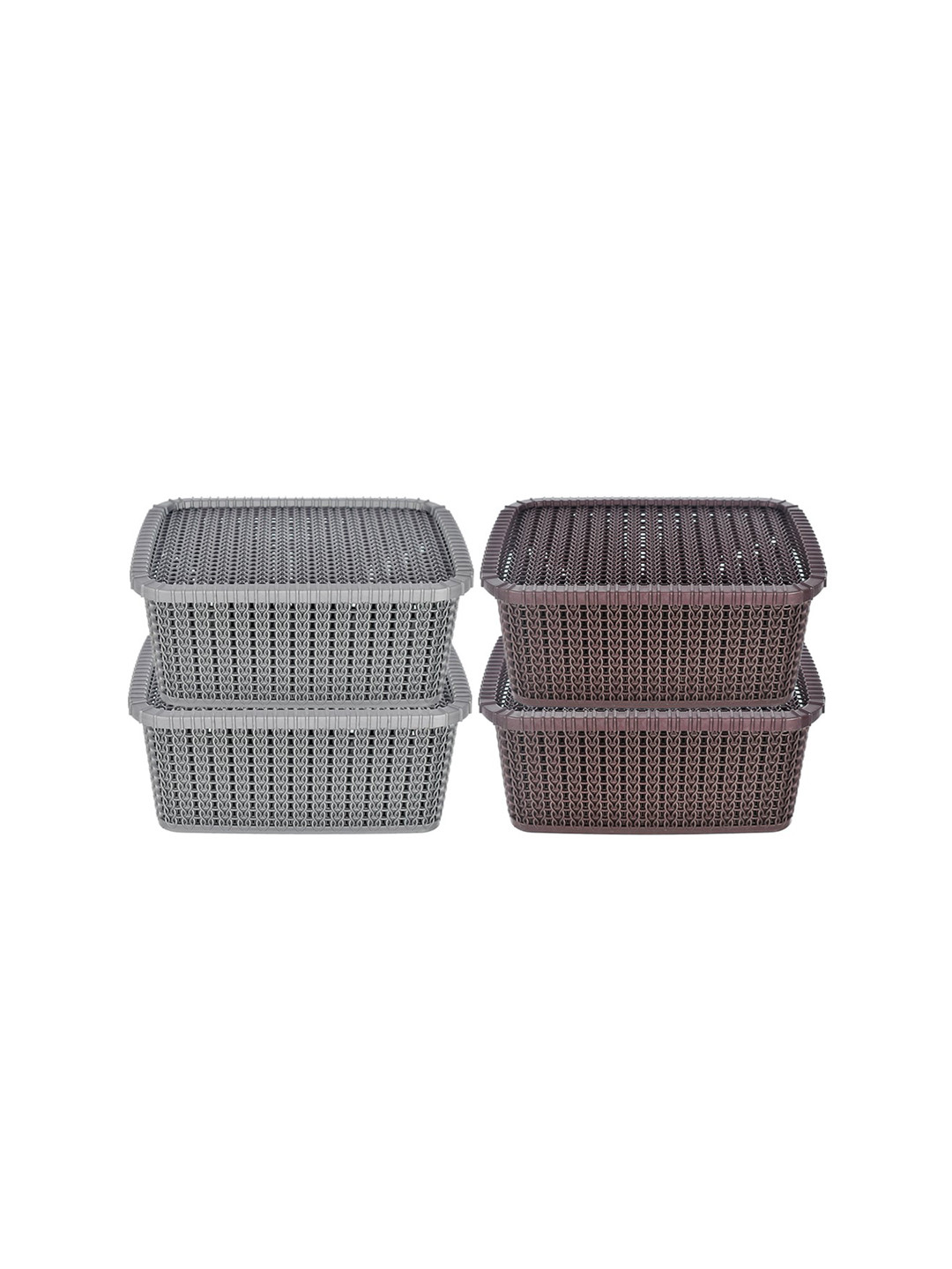 Kuber Industries Set of 4 Brown and Grey Solid Basket With Lid Kitchen Storage