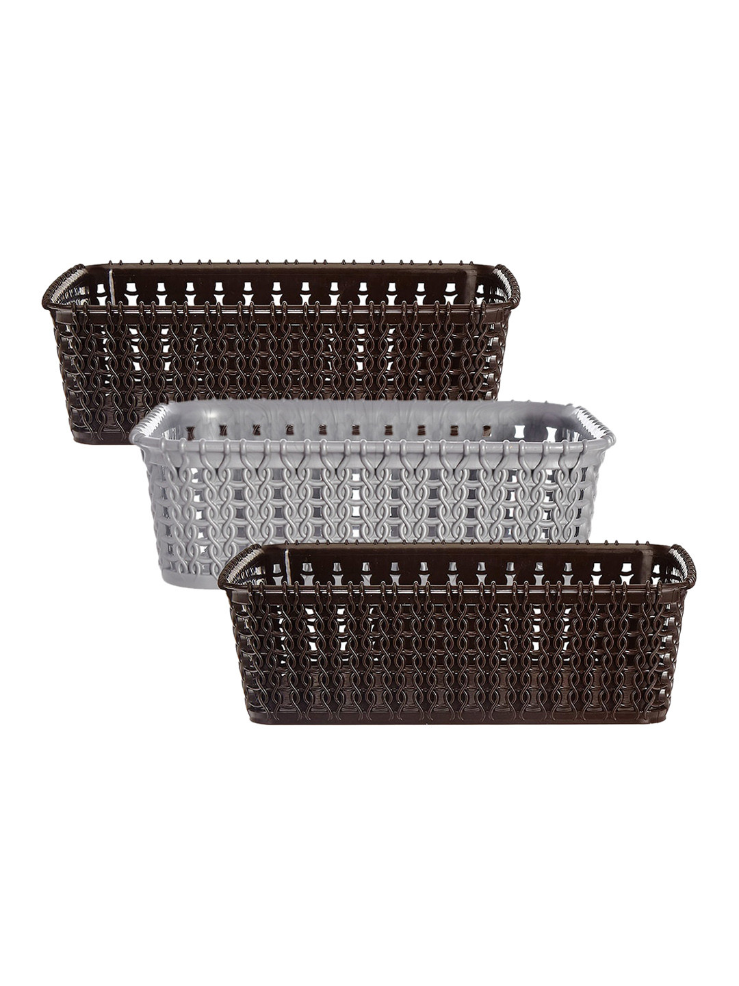 Kuber Industries Set Of 3 Brown & Grey Multipurpose Plastic Baskets