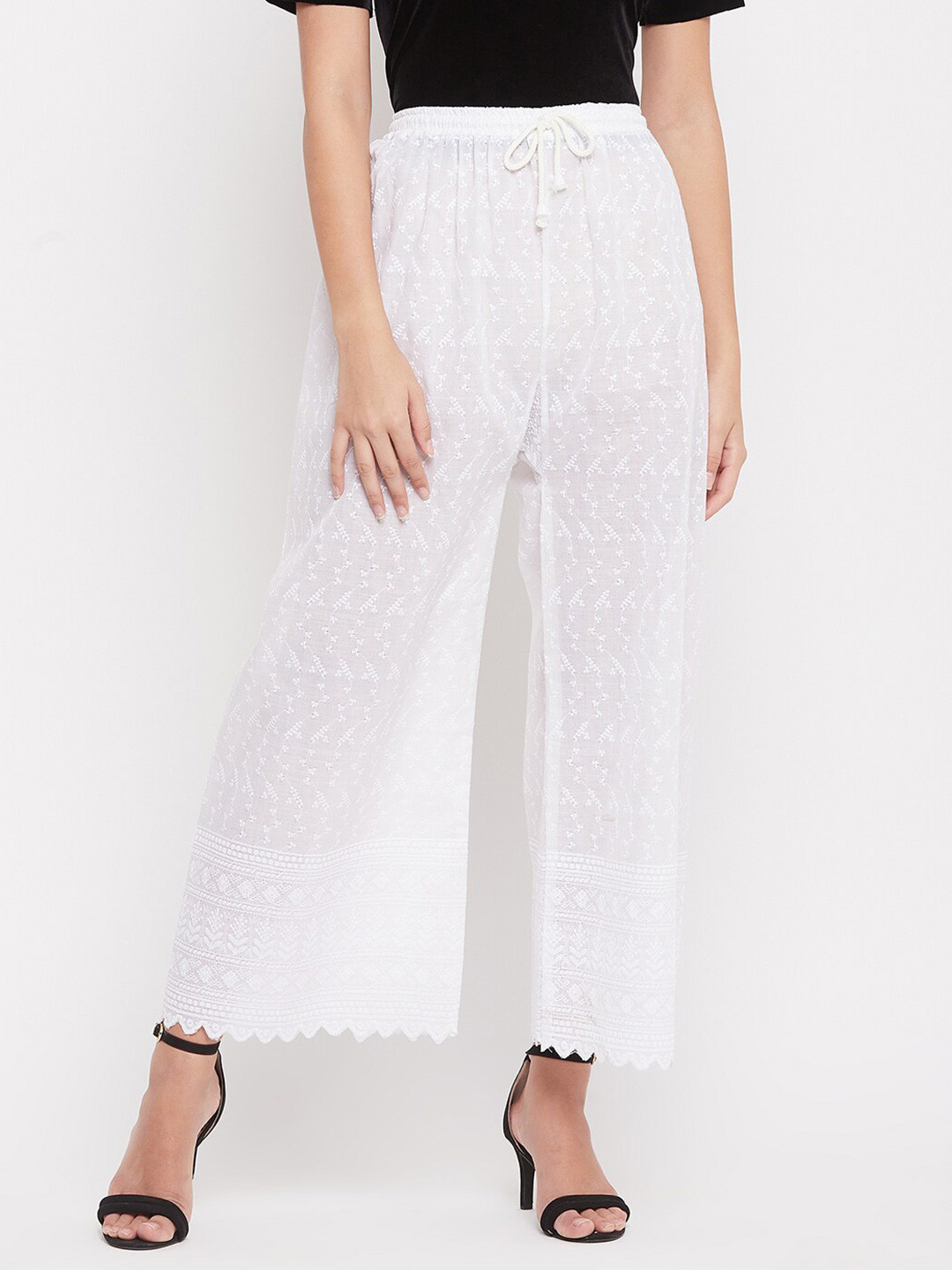 Clora Creation Women White Floral Embroidered Cotton Palazzos