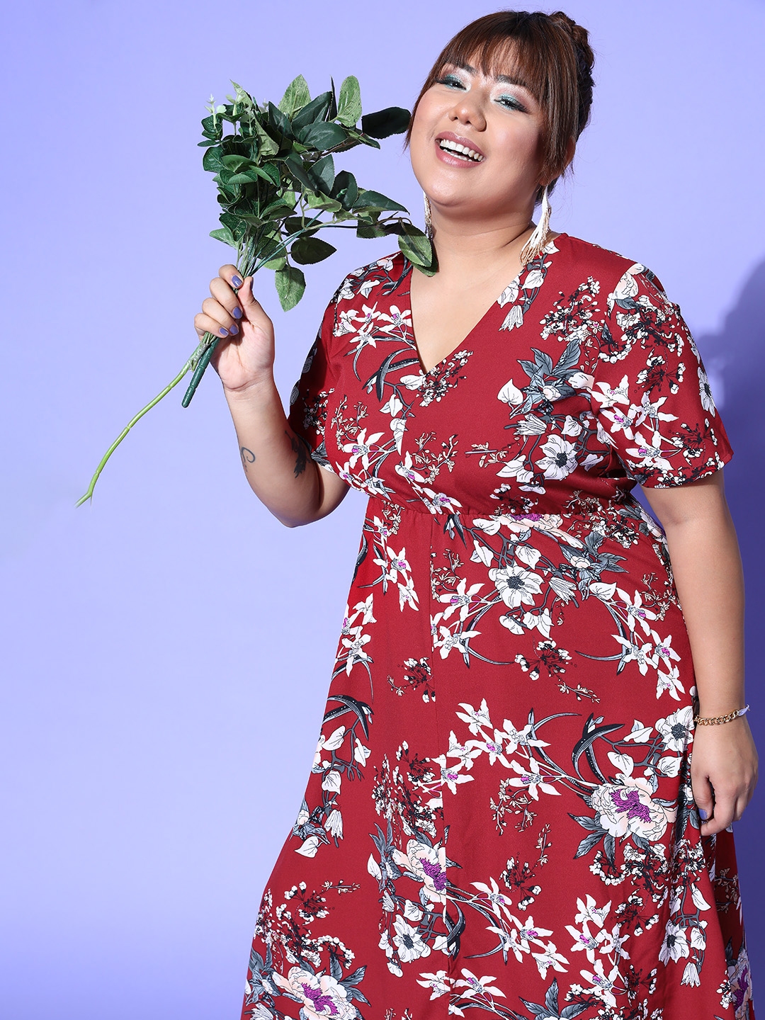 Buy Berrylush Curve Women Maroon Floral Vacay Attire Dresses for