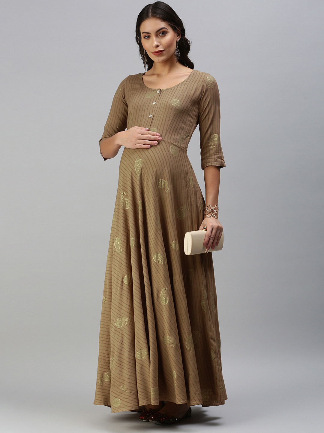 Swishchick Beige & Brown Ethnic Motifs Maternity Maxi Dress