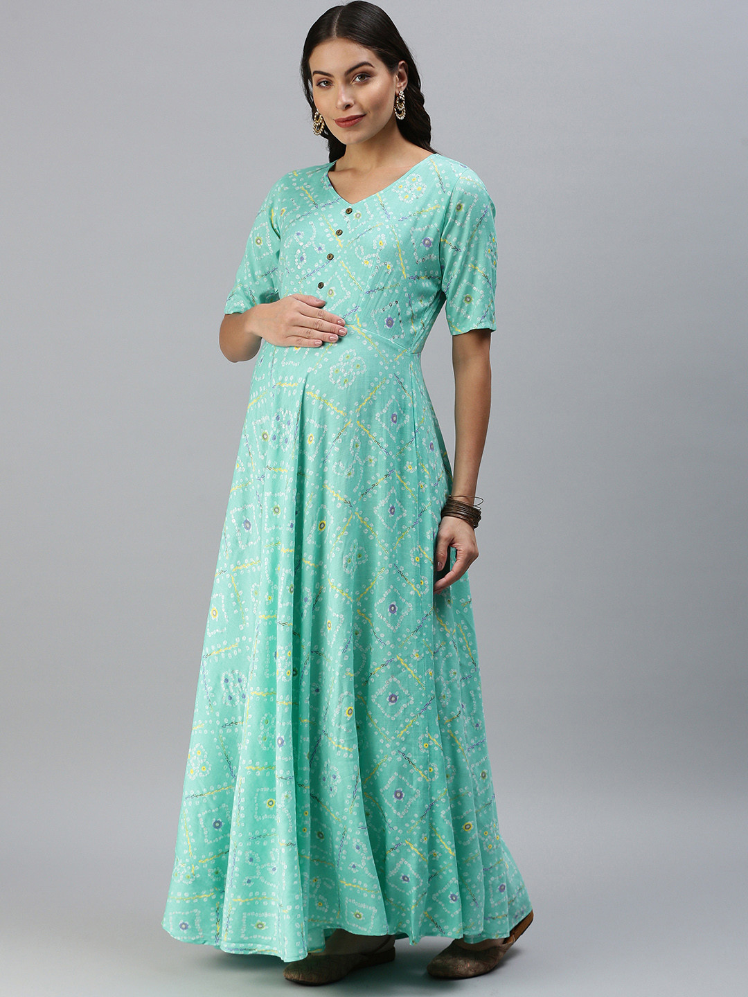 Swishchick Turquoise Blue & White Ethnic Motifs Printed Maternity Maxi Dress