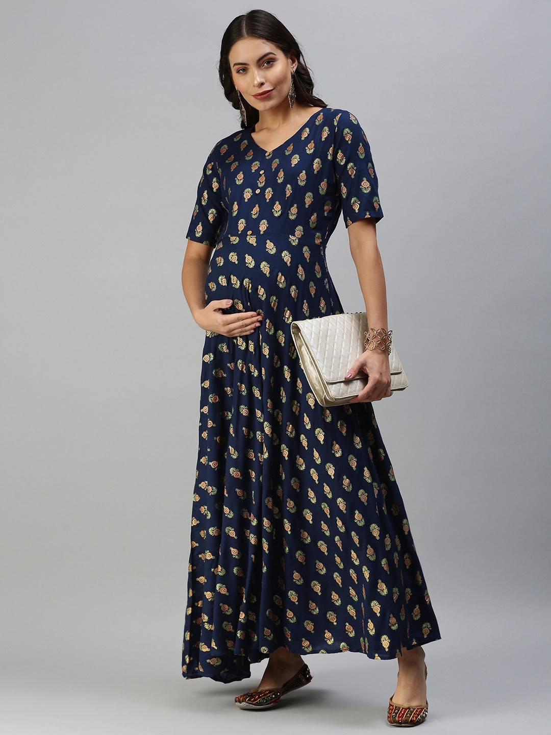 Swishchick Navy Blue & Green Ethnic Motifs Printed Maternity A-Line Maxi Dress