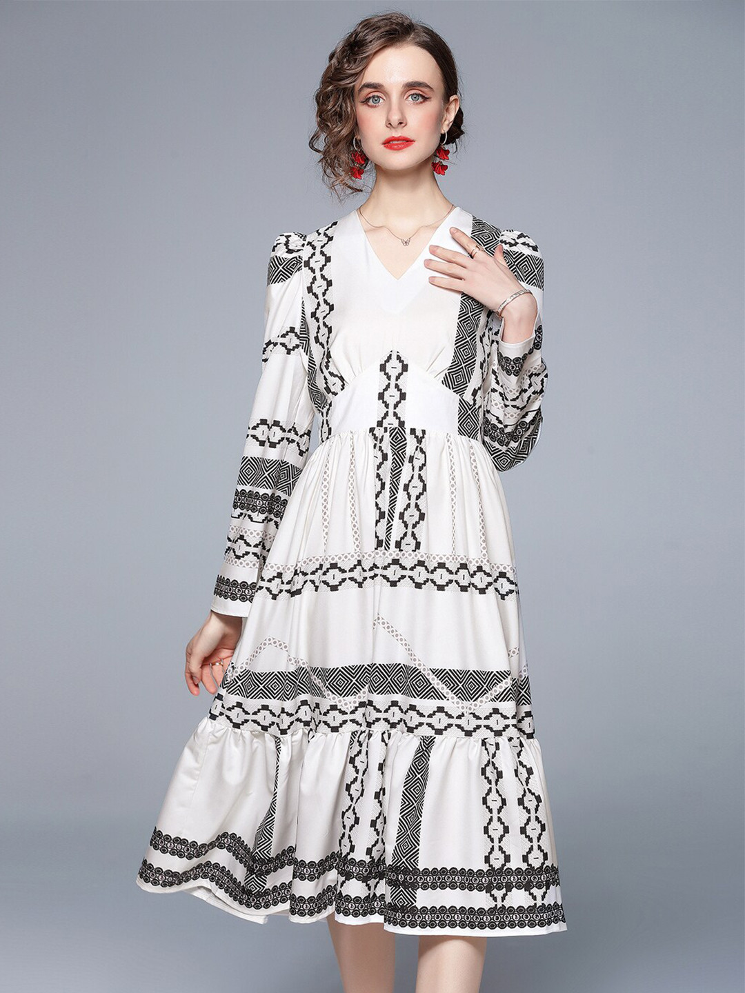 JC Collection Women White & Black Printed A-Line Dress