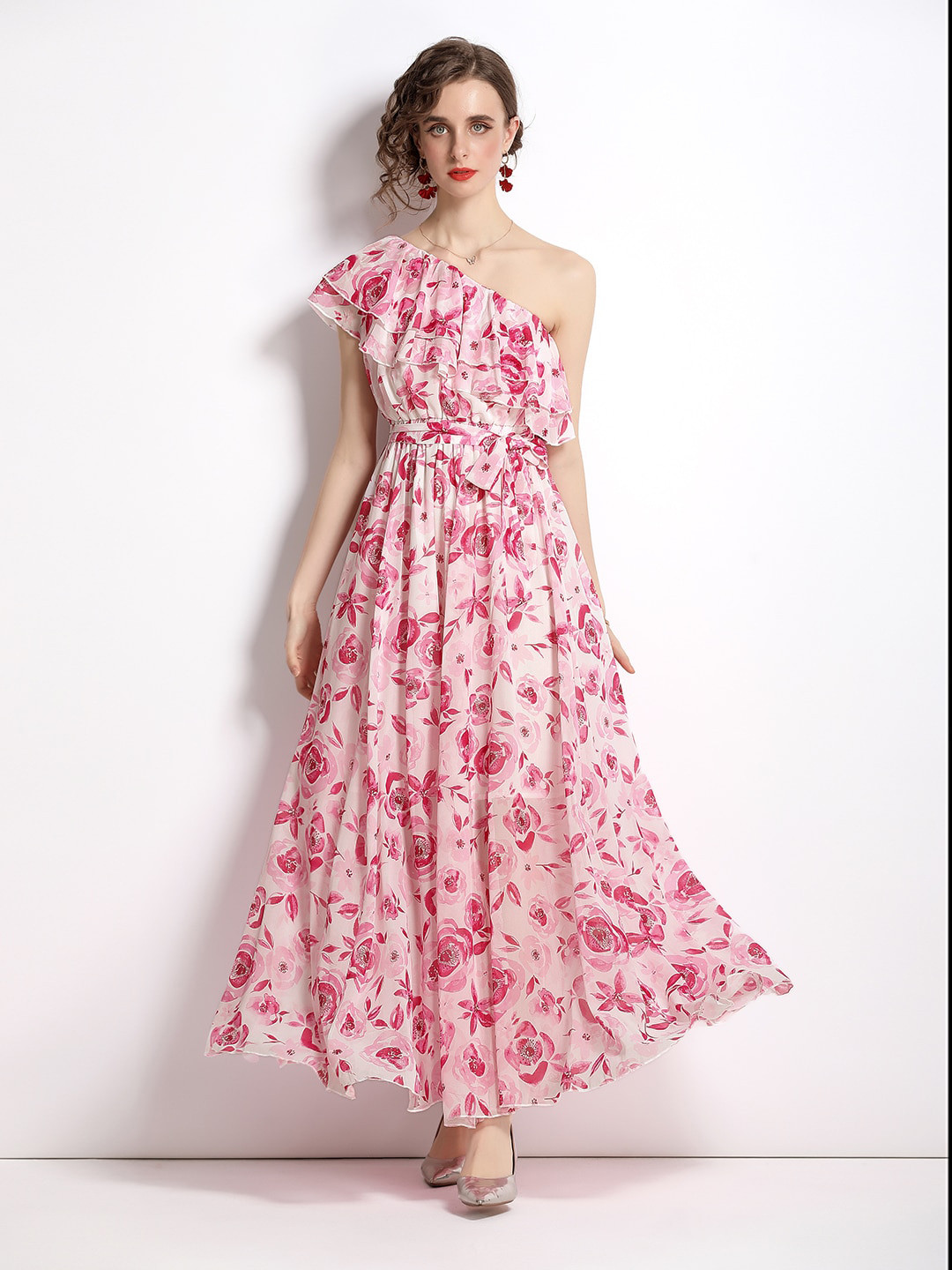 JC Collection Pink Floral One-Shoulder Maxi Dress