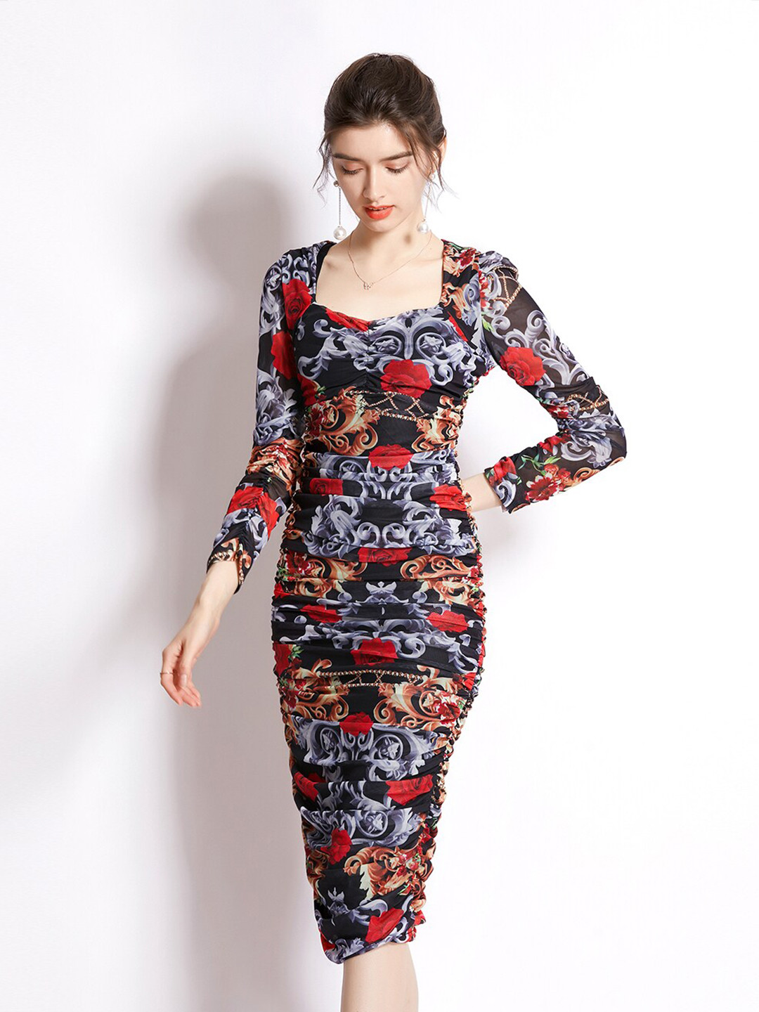 JC Collection Women Maroon Floral Bodycon Midi Dress