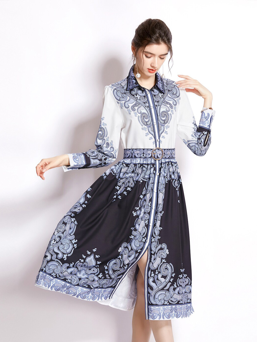 JC Collection Navy Blue & White Printed Midi Dress