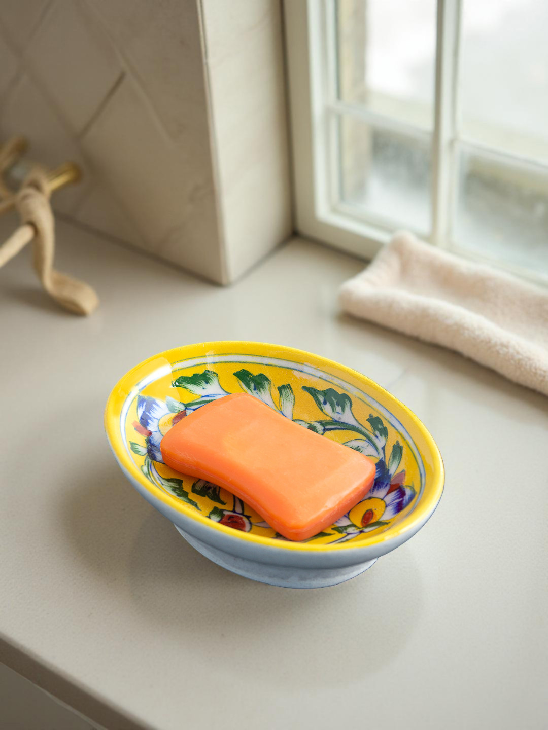 Golden Peacock Yellow & Blue Printed Decorative Soap Dish