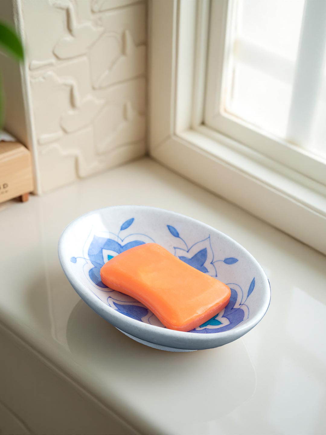 Golden Peacock White & Blue Floral Ceramic Handmade Decorative Soap Dish