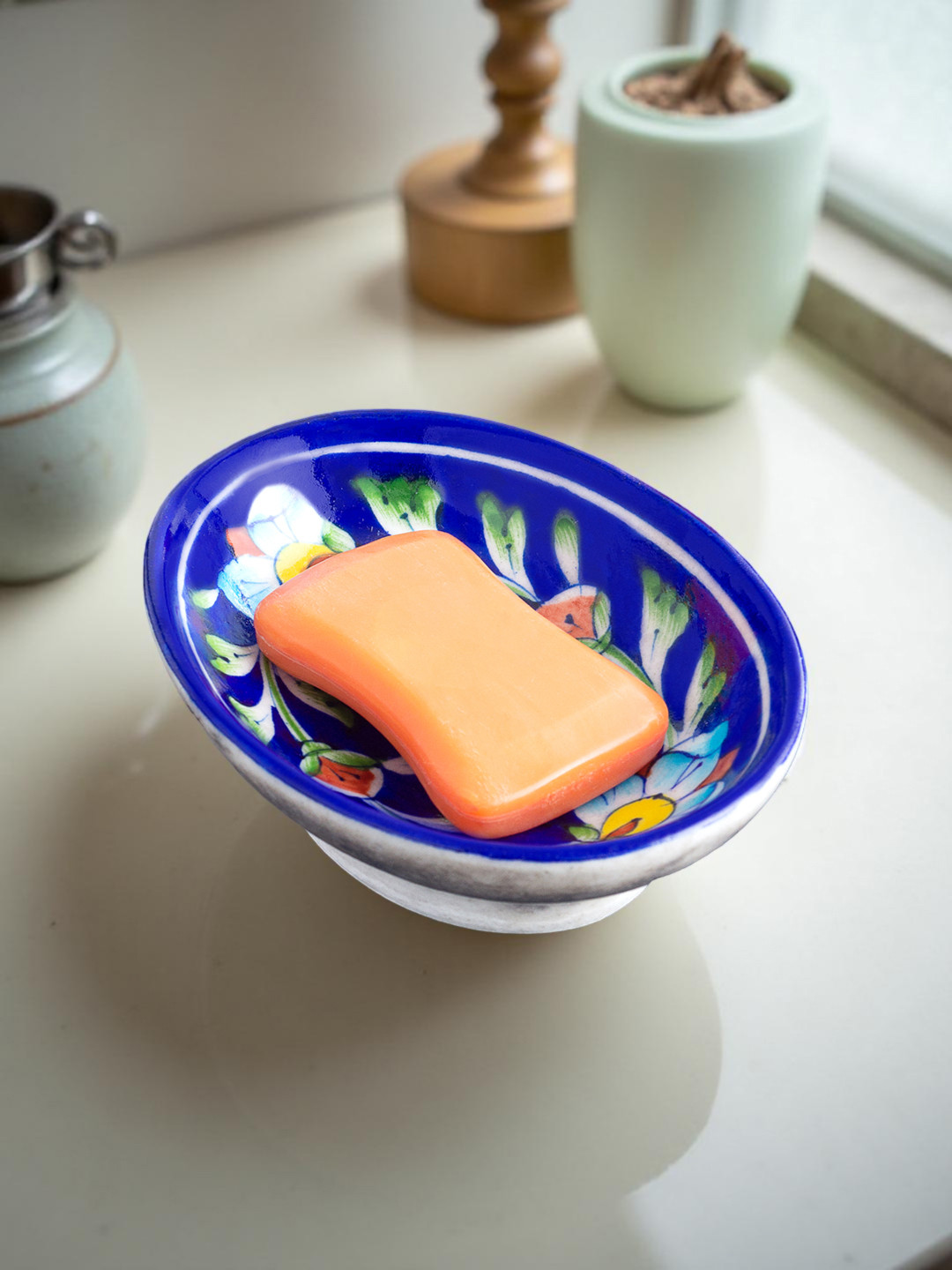 Golden Peacock Navy Blue Printed Ceramic Soap Dish
