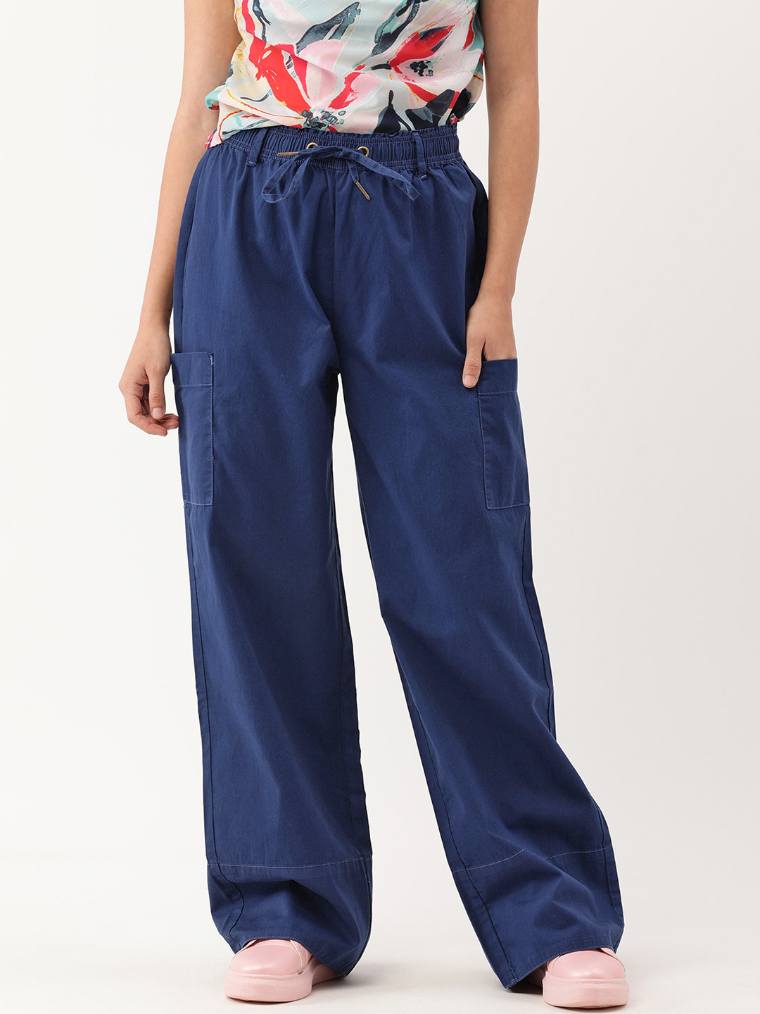 FOREVER 21 Women Navy Blue Pleated Solid Pure Cotton Cargos Trousers