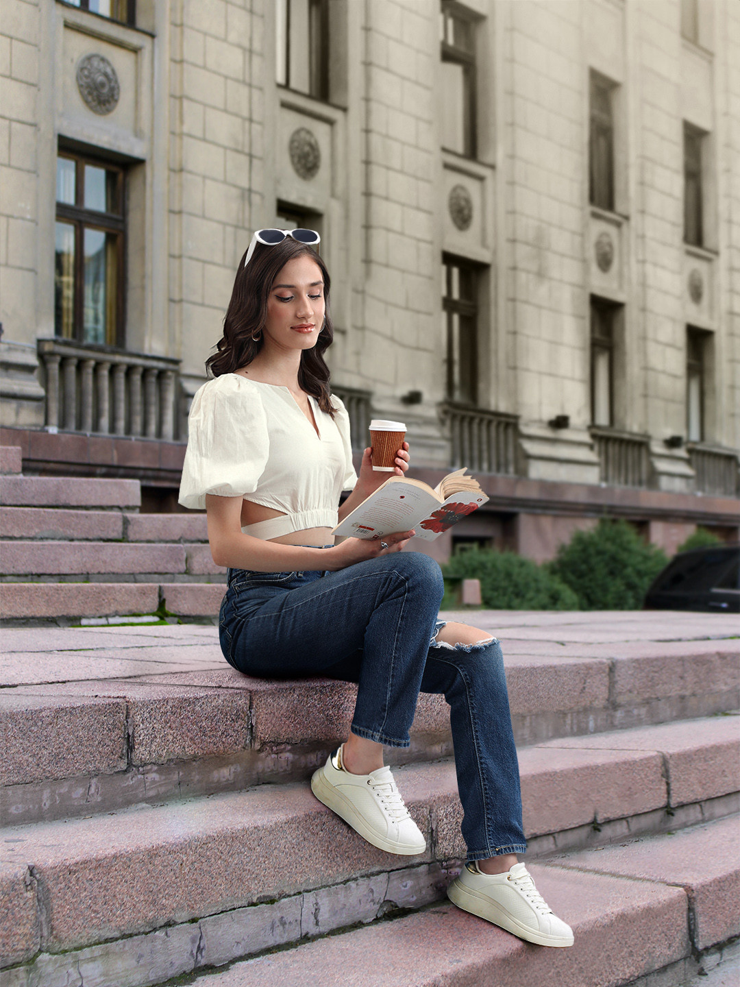 FOREVER 21 Women White Solid Cinched Waist Crop Top With Waist Tie-Ups